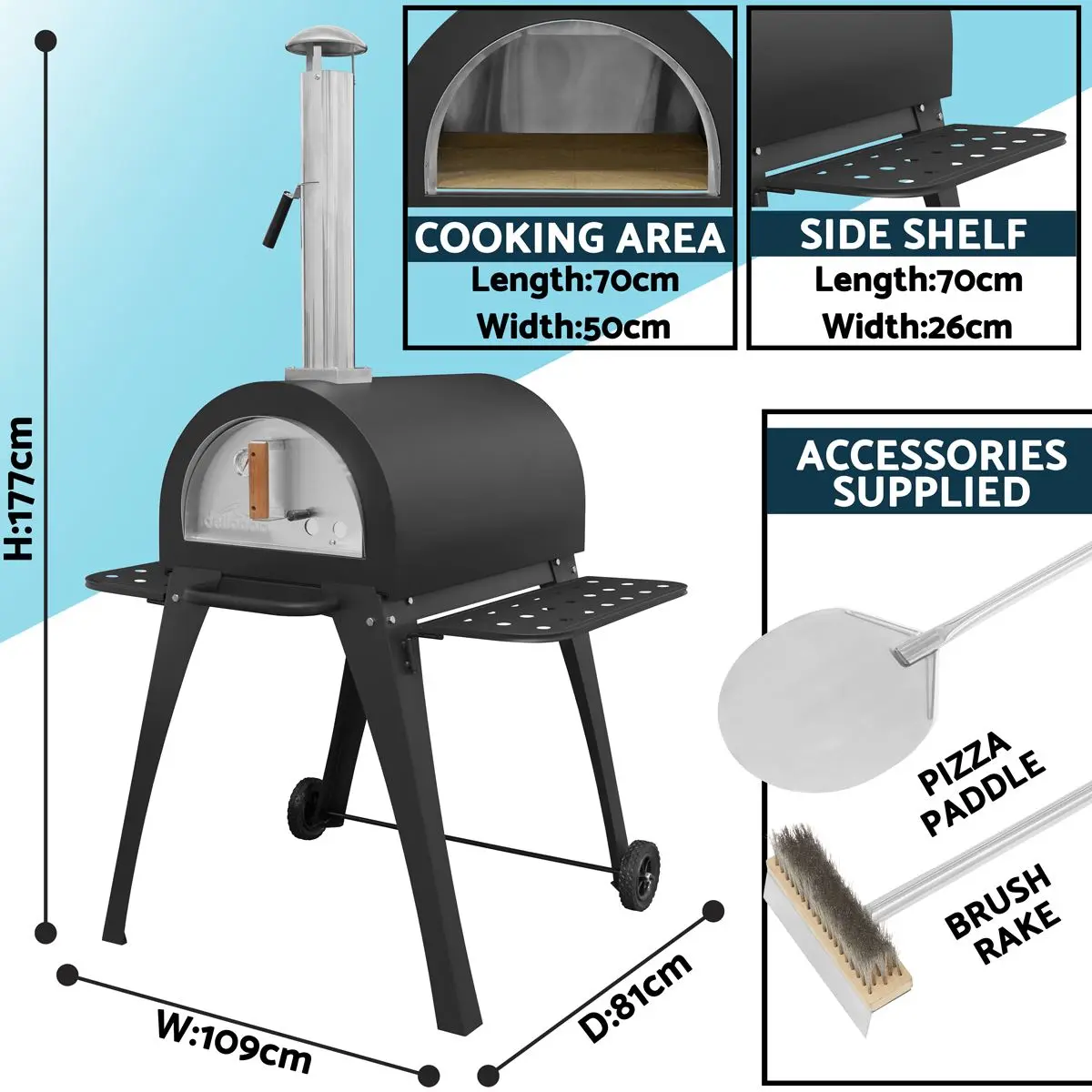 Dellonda Large Outdoor Wood-Fired Pizza Oven & Smoker with Side Shelves & Stand - Image 5