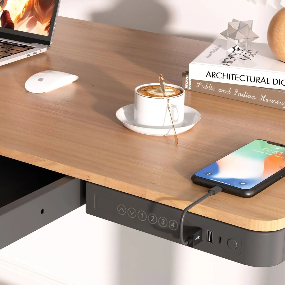 Dellonda Oak Electric Adjustable Standing Desk with USB & Drawer, 1200 x 600mm - Image 10