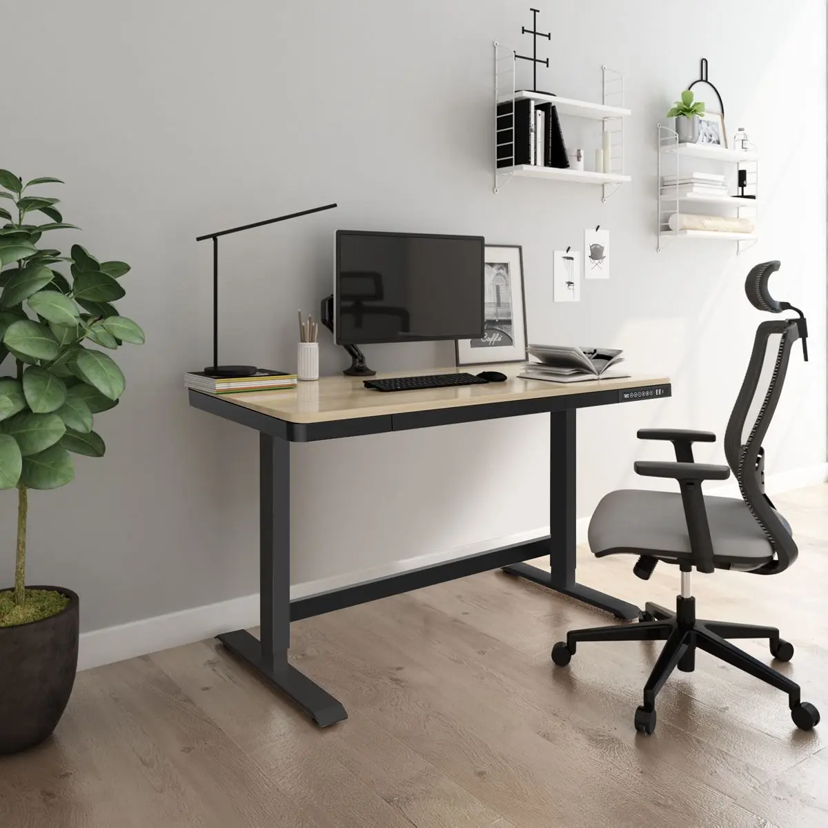Dellonda Oak Electric Adjustable Standing Desk with USB & Drawer, 1200 x 600mm - Image 6