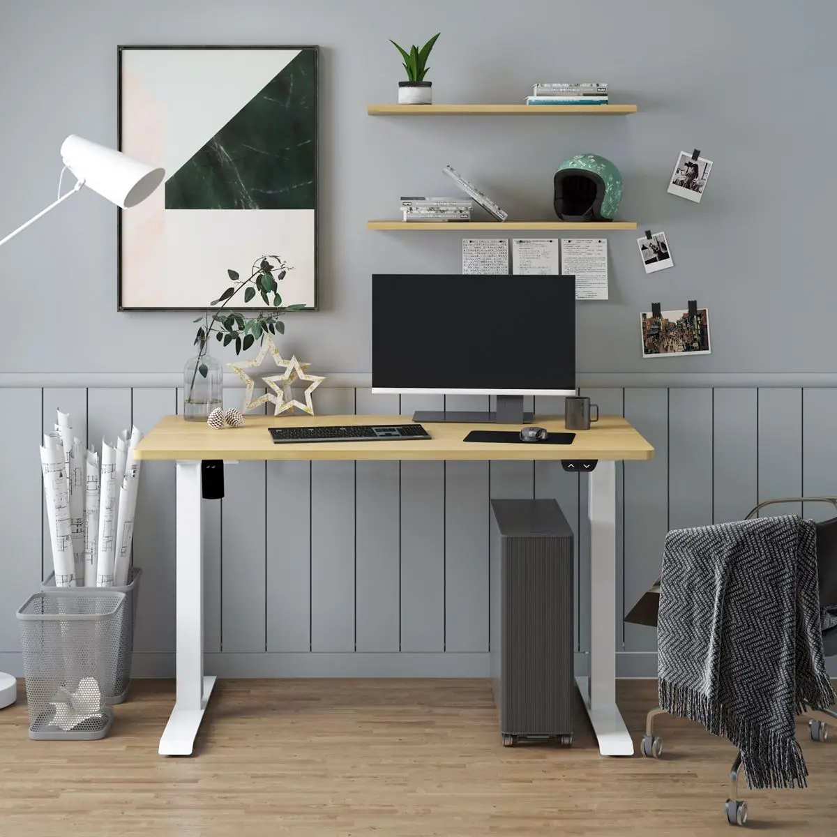 Dellonda Single Motor Height-Adjustable Electric Sit & Stand Desk with Oak Desktop & White Frame - Image 6