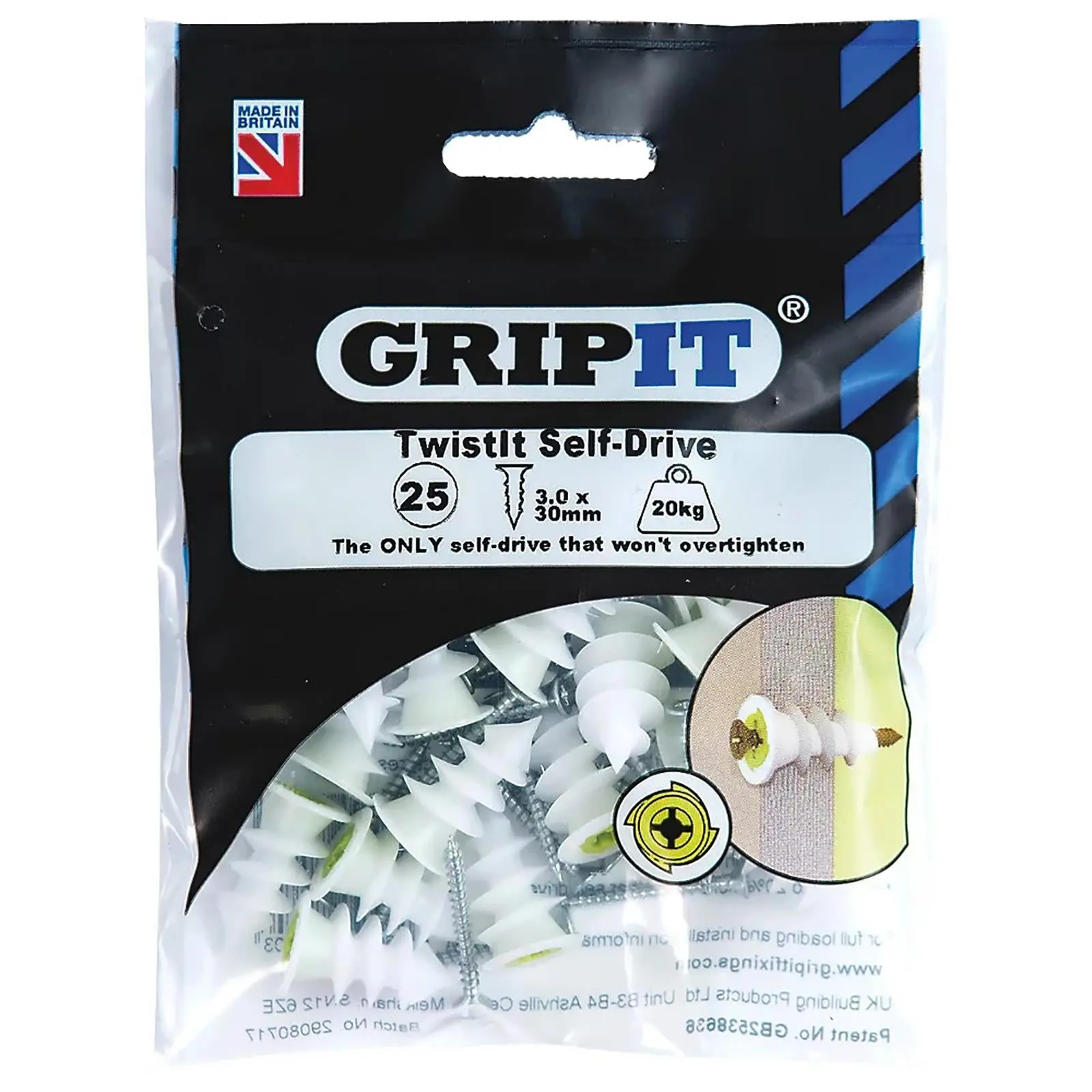 GripIt TwistIT Self Drive Plasterboard Fixings 25 Pack Holds up to 20kg - Image 2