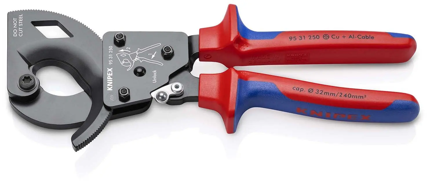 KNIPEX Cable Cutter Ratchet Action 32mm Diameter Cutting Capacity 250mm Multi Component Grips 95 31 250