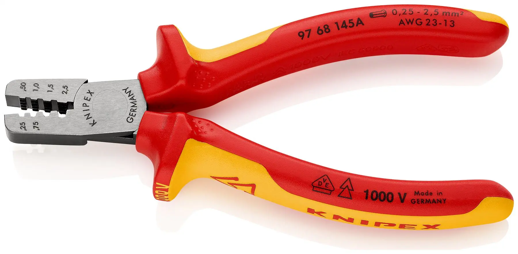 KNIPEX Crimping Pliers for Wire Ferrules 145mm 0.25-2.5mm² 145mm VDE Insulated Multi Component Grips 97 68 145 A - Image 2