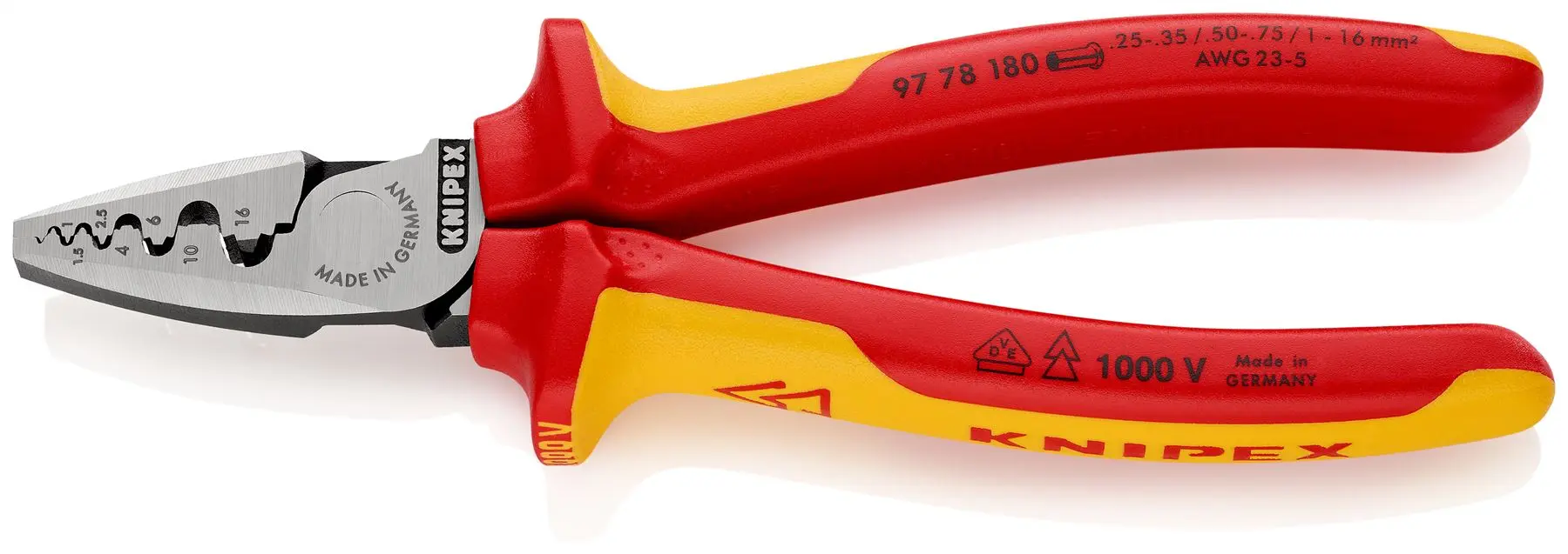 KNIPEX Crimping Pliers for Wire Ferrules 180mm 0.25-16mm² 180mm VDE Insulated Multi Component Grips 97 78 180