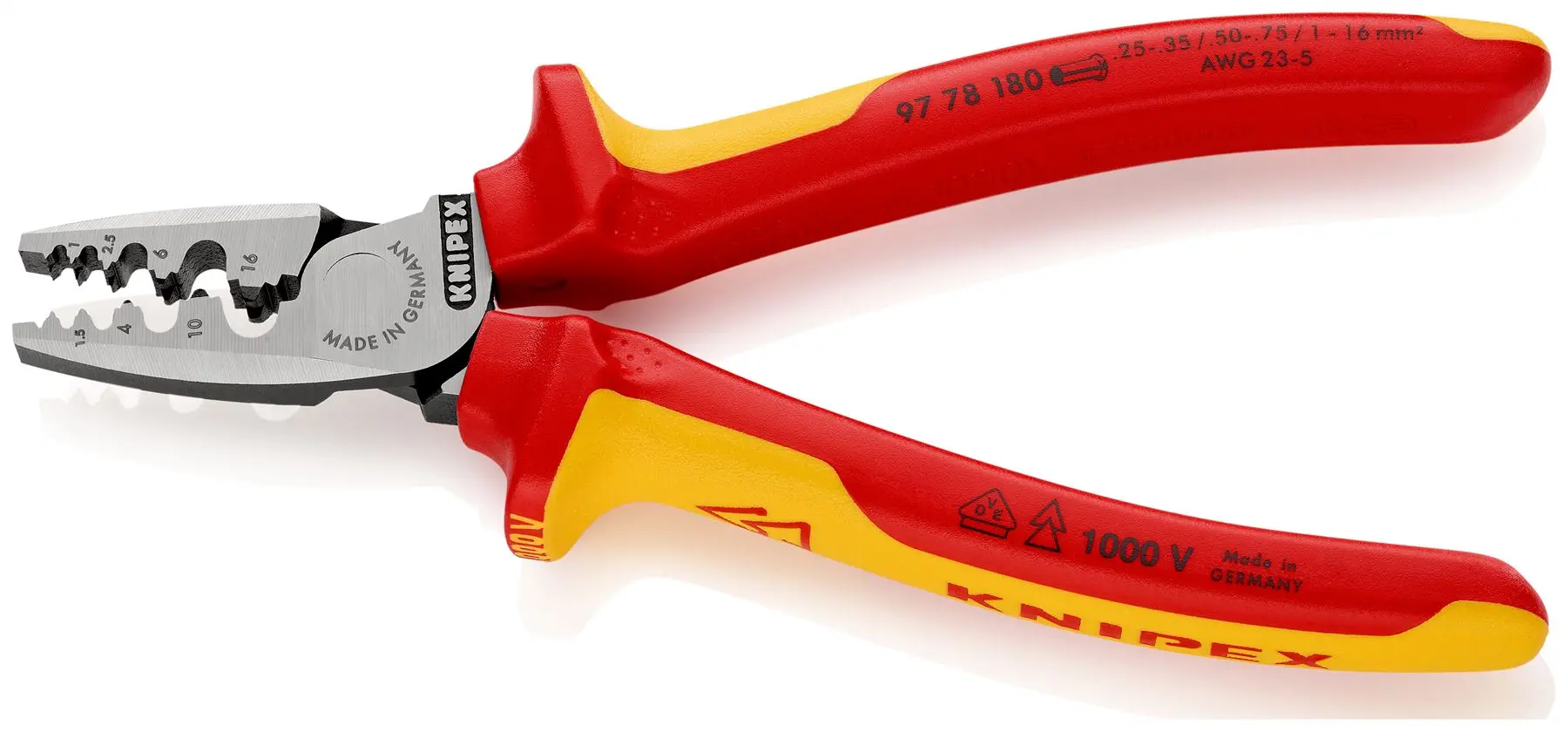 KNIPEX Crimping Pliers for Wire Ferrules 180mm 0.25-16mm² 180mm VDE Insulated Multi Component Grips 97 78 180 - Image 2