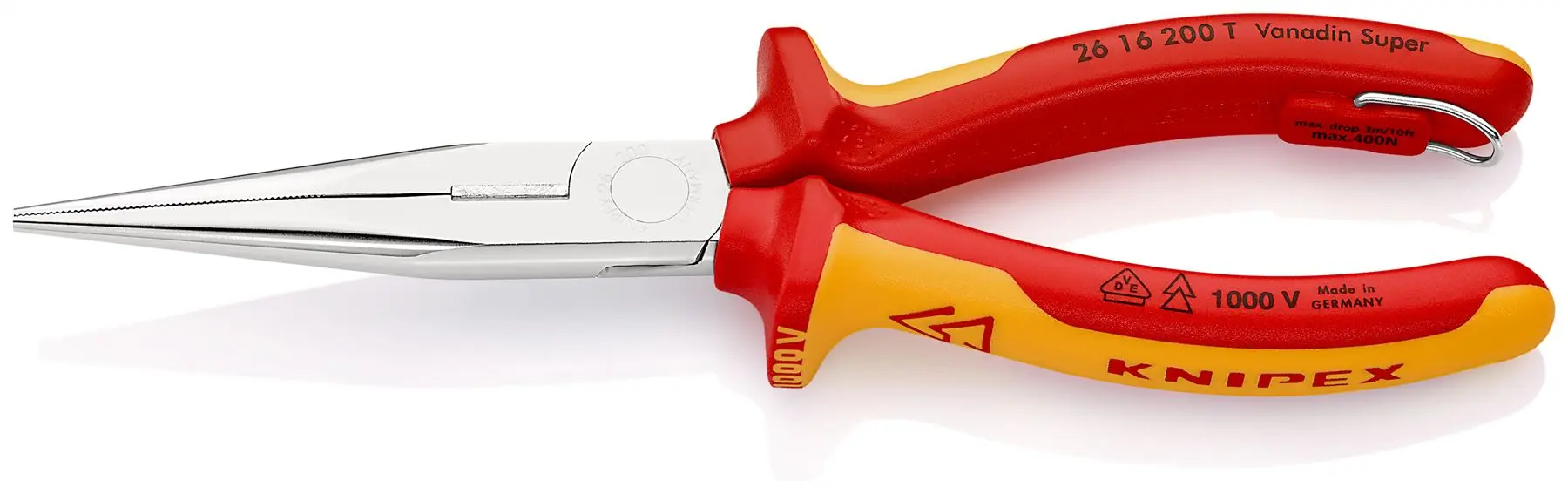 KNIPEX Snipe Nose Side Cutting Pliers Stork Beak Plier 200mm VDE Chrome with Tether Point 26 16 200 T BK