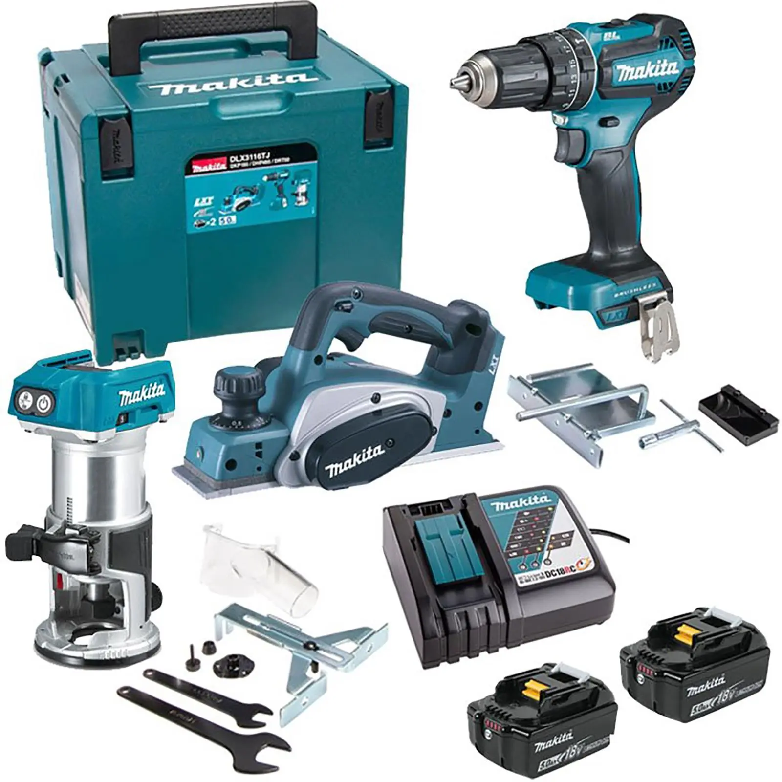 Makita 18V LXT Cordless Power Tool Kit DRT50Z Router DKP180Z Planer DHP485Z Combi Drill DLX3116TJ