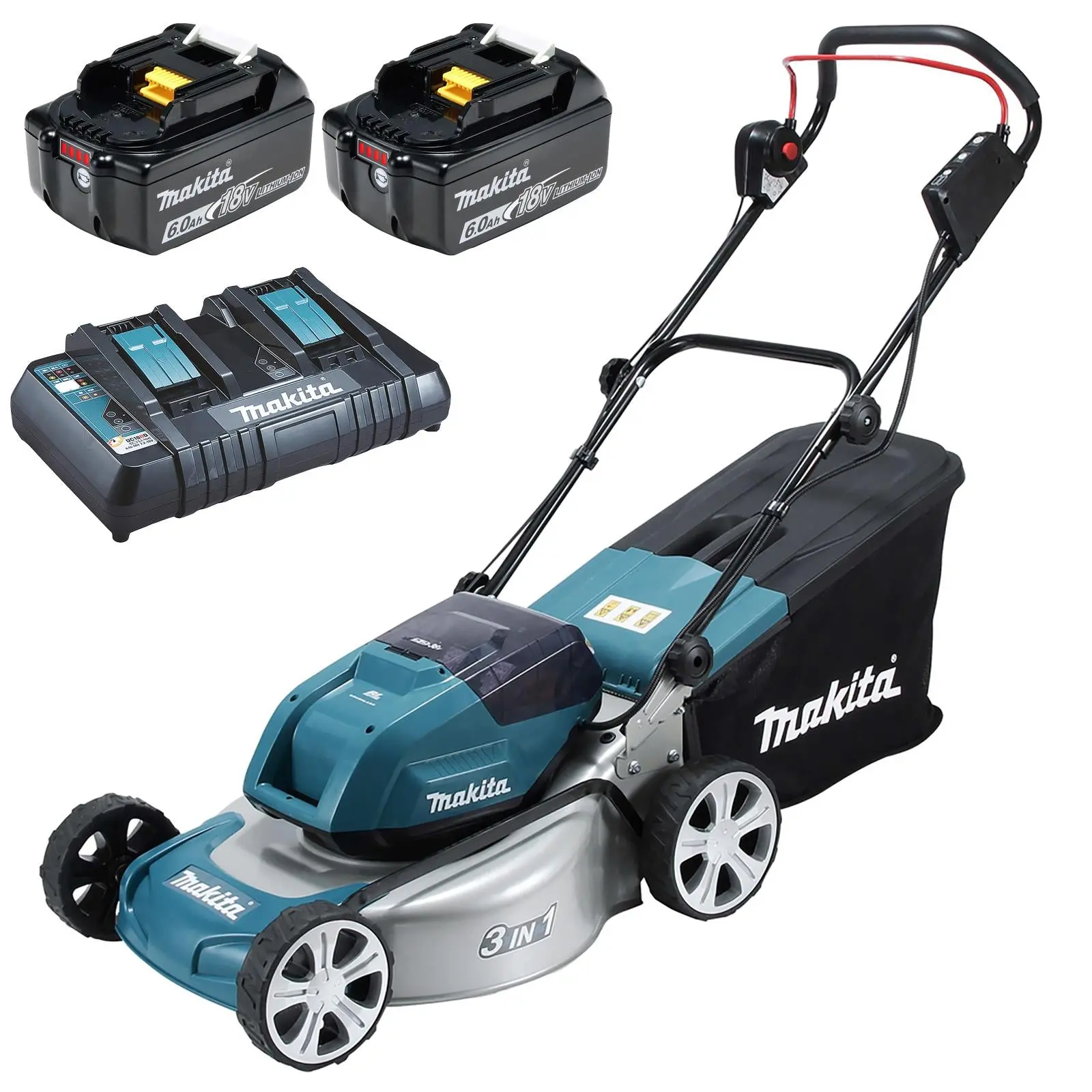Makita 46cm Lawn Mower Kit Twin 18V LXT Li-ion Cordless Garden Grass Outdoor 2 x 6Ah Battery and Dual Rapid Charger DLM460PG2