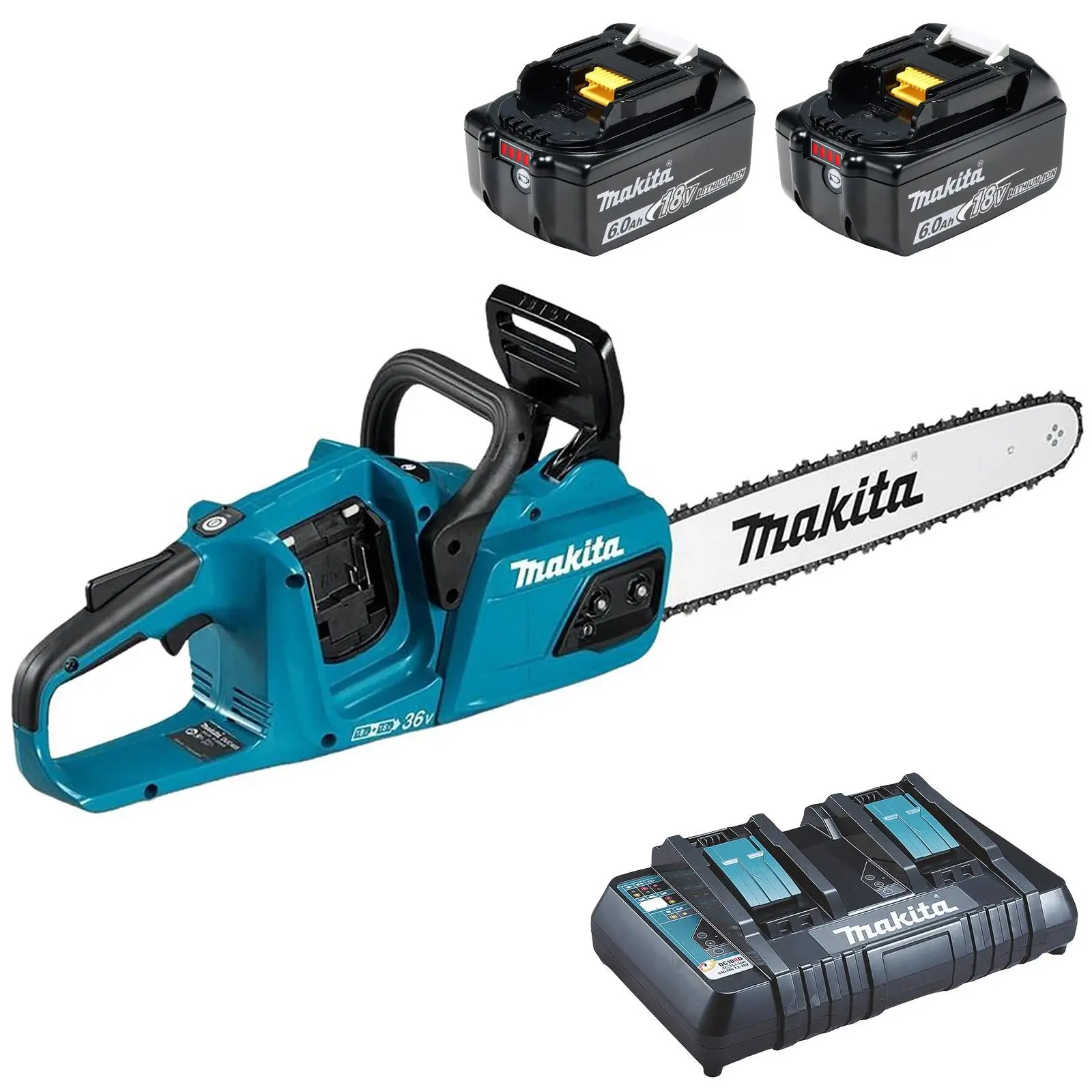 Makita Chainsaw Kit 30cm 12" 18V x 2 LXT Brushless Cordless 2 x 6Ah Battery and Dual Rapid Charger Garden Tree Cutting Pruning DUC305PG2