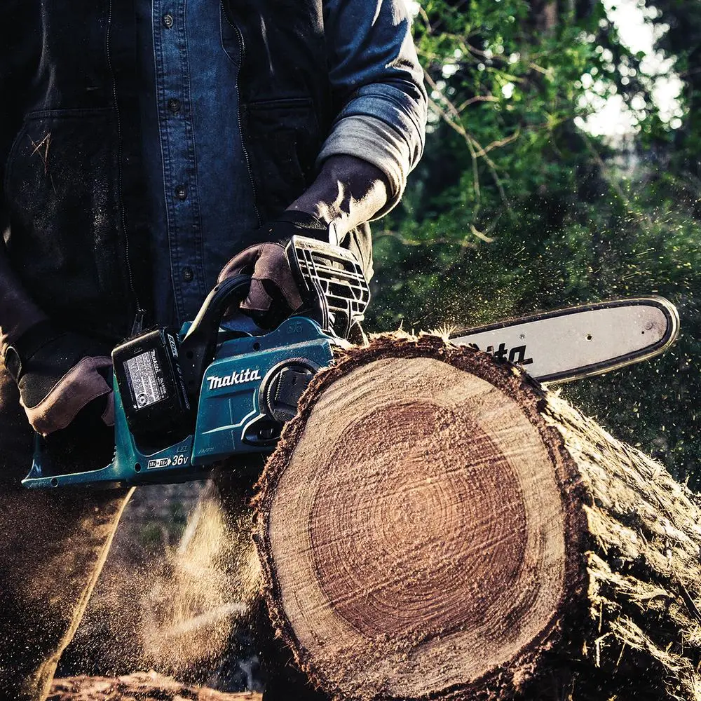 Makita Chainsaw Kit Heavy Duty 35cm 14" 18V x 2 LXT Brushless Cordless 2 x 5Ah Battery and Dual Rapid Charger Garden Tree Cutting Pruning DUC353PT2 - Image 2
