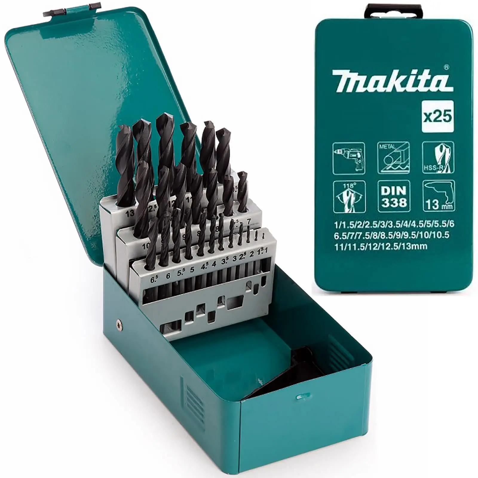 Makita Drill Bit Set HSS-R 25 Piece Roll Forged in Metal Case 1-13mm D-54097