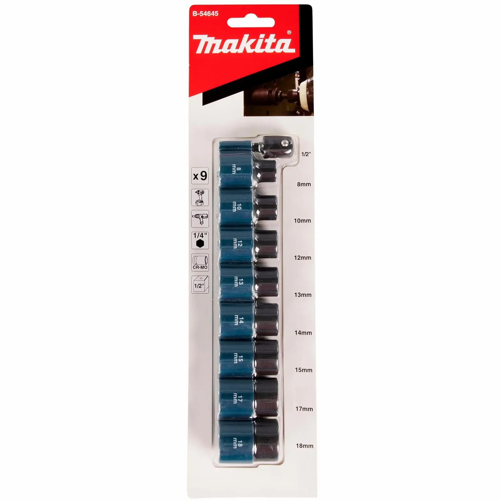 Makita Impact Socket Set 1/2" Drive 8-18mm with 1/4" Hex to 1/2" Drive Adaptor for Impact Driver 9 Piece - Image 2