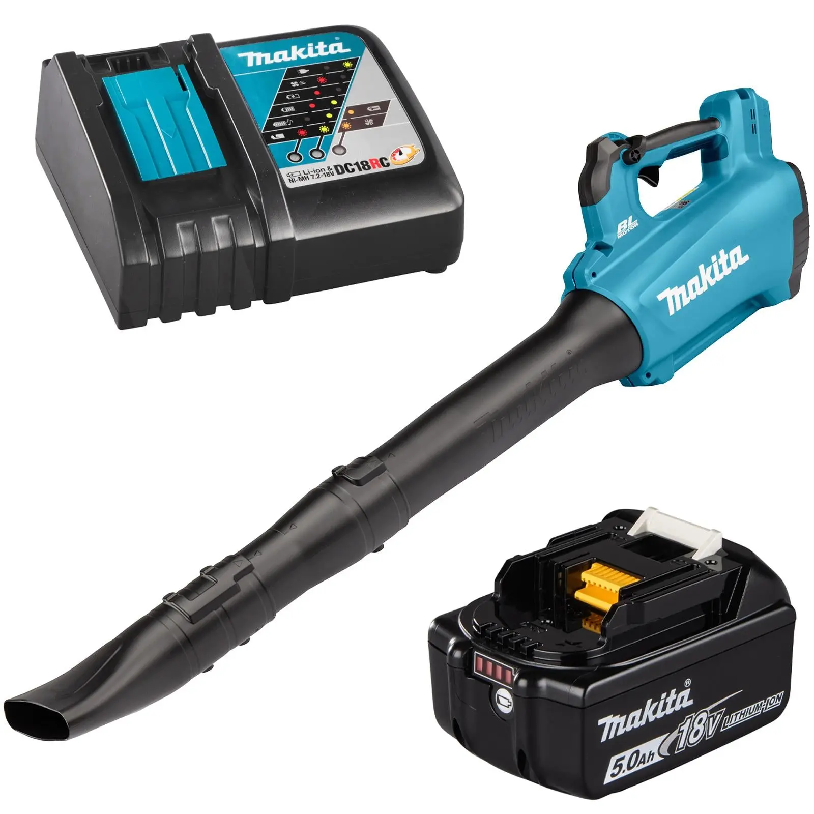 Makita Leaf Blower Kit 18V LXT 5Ah Battery and Charger Brushless Cordless 10.9N Garden Grass Clippings Construction DUB184RT
