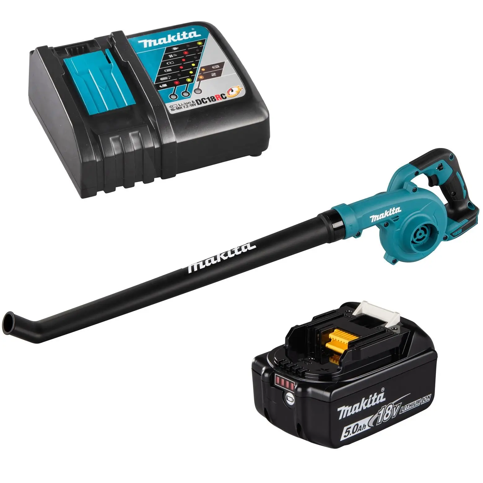 Makita Leaf Blower Kit 18V LXT 5Ah Battery and Charger Cordless 2.5N Long Tube Garden Grass Clippings Construction DUB186RT