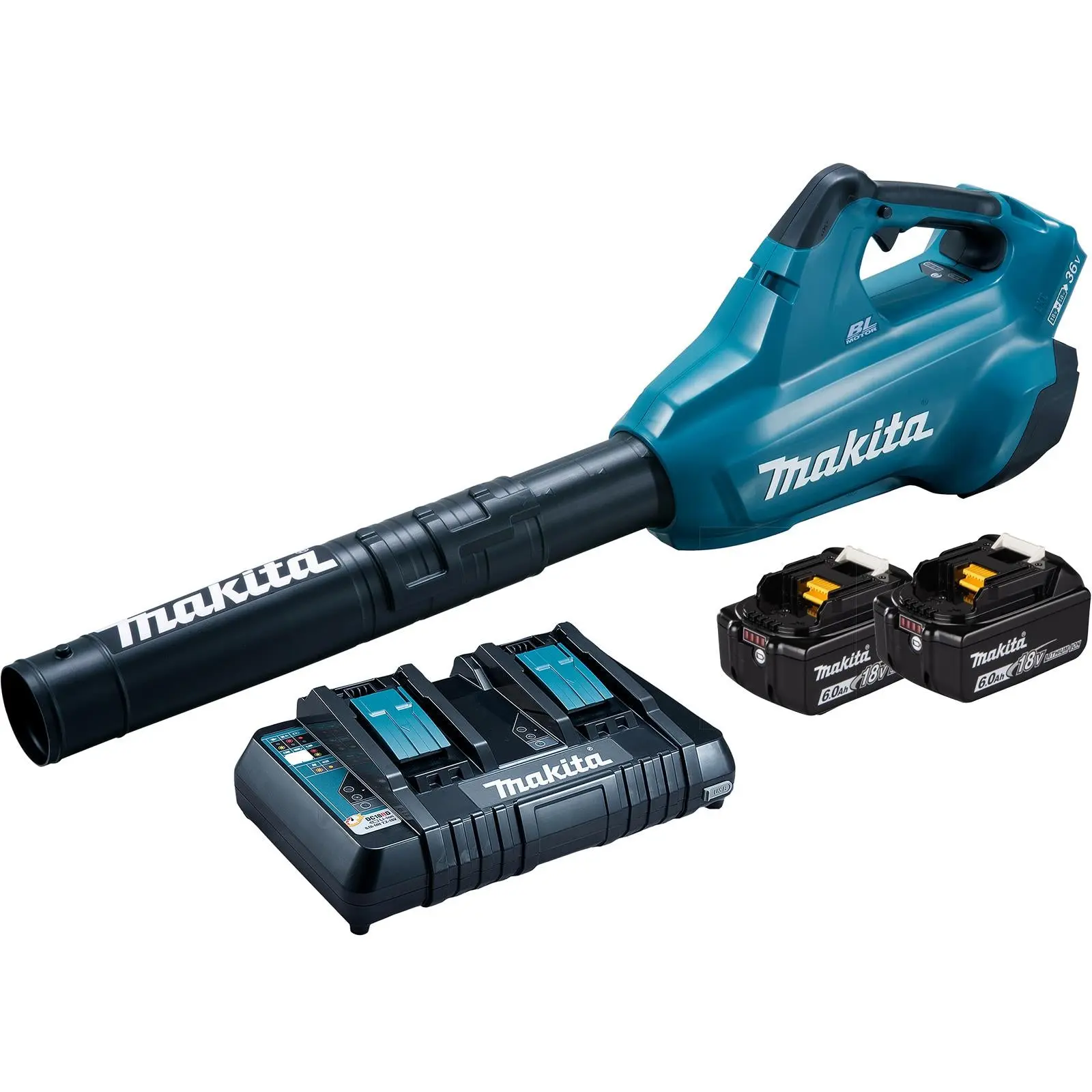 Makita Leaf Blower Kit 18V x 2 LXT Brushless Cordless 2 x 6Ah Battery and Dual Rapid Charger 14.4N Garden Grass Clippings Construction DUB362PG2