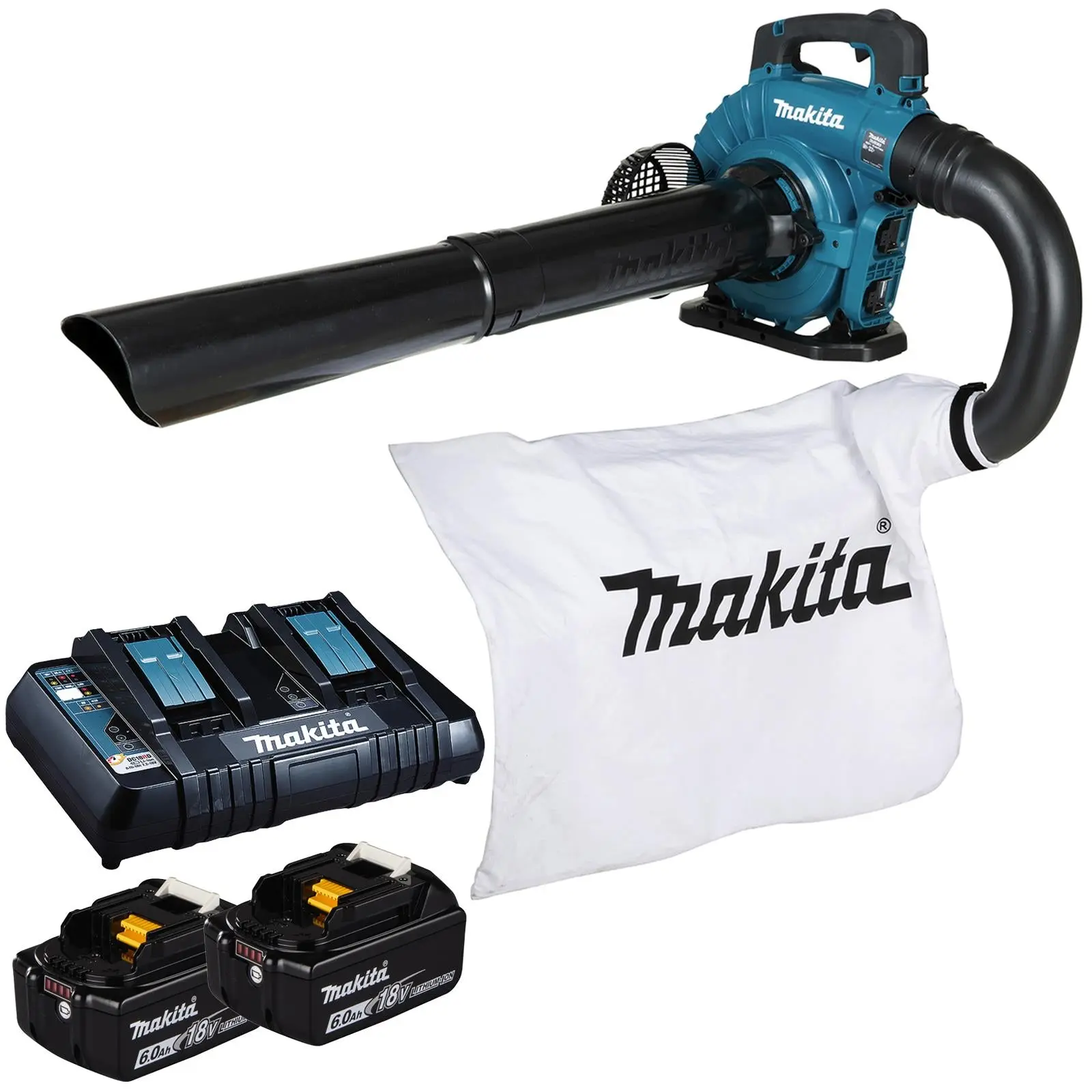 Makita Leaf Blower Vacuum Kit 18V x 2 LXT Brushless Cordless 2 x 6Ah Battery and Dual Rapid Charger 14.4N Garden Grass Clippings Construction DUB363PG2V