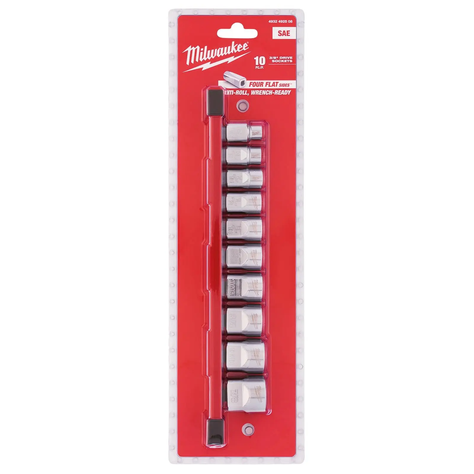 Milwaukee Chrome Socket Set 3/8" Drive Four Flat Sides Imperial SAE on Socket Rail 10 Piece - Image 3