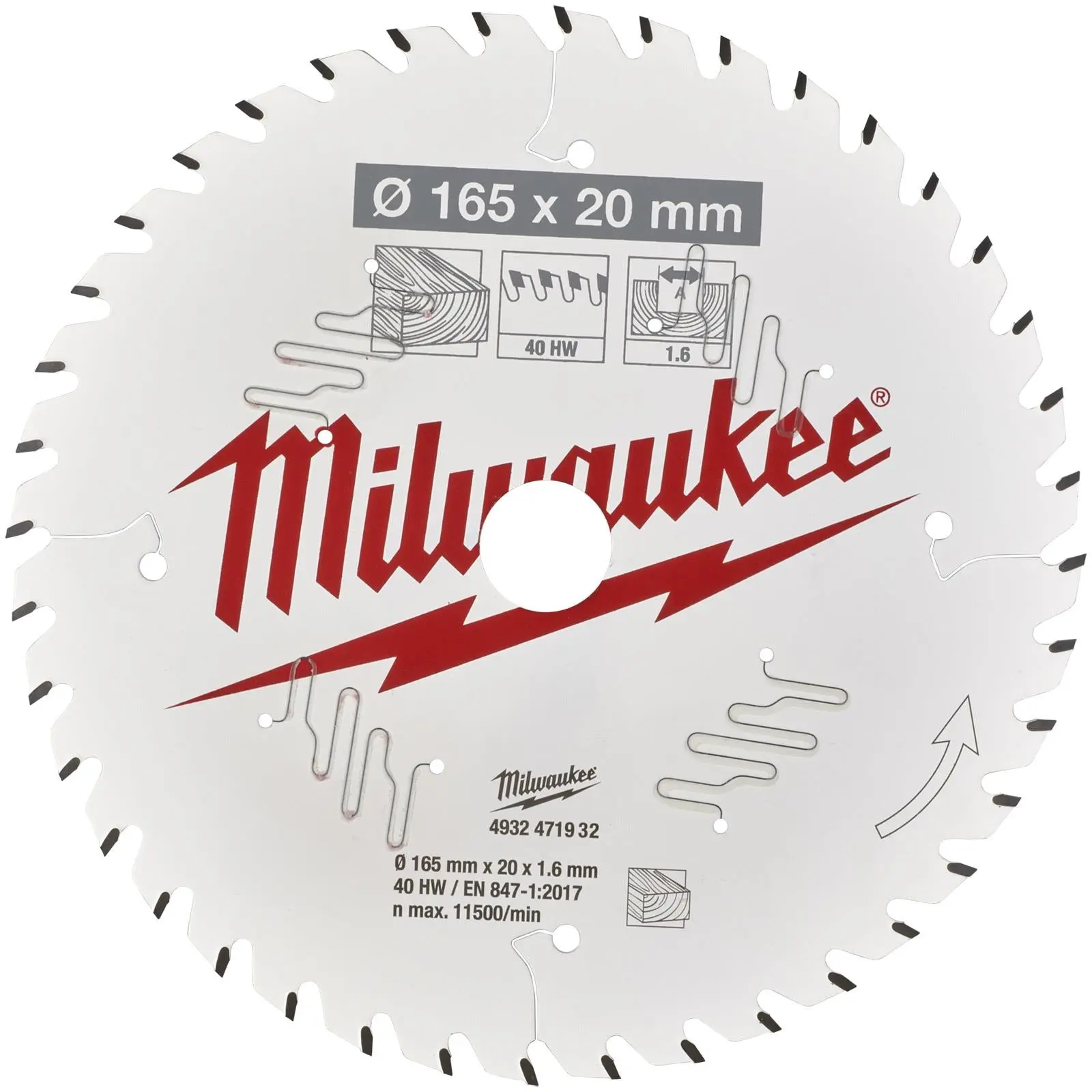 Milwaukee Circular Saw Blade for Handheld Circular Saws 165mm x  20mm Bore 40T ATB 1.6mm Kerf