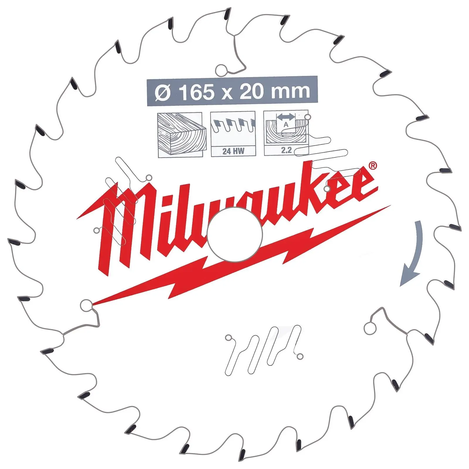 Milwaukee Circular Saw Blade for Wood 165mm x 20mm Bore x 2.2mm Width 24T ATB - Image 2