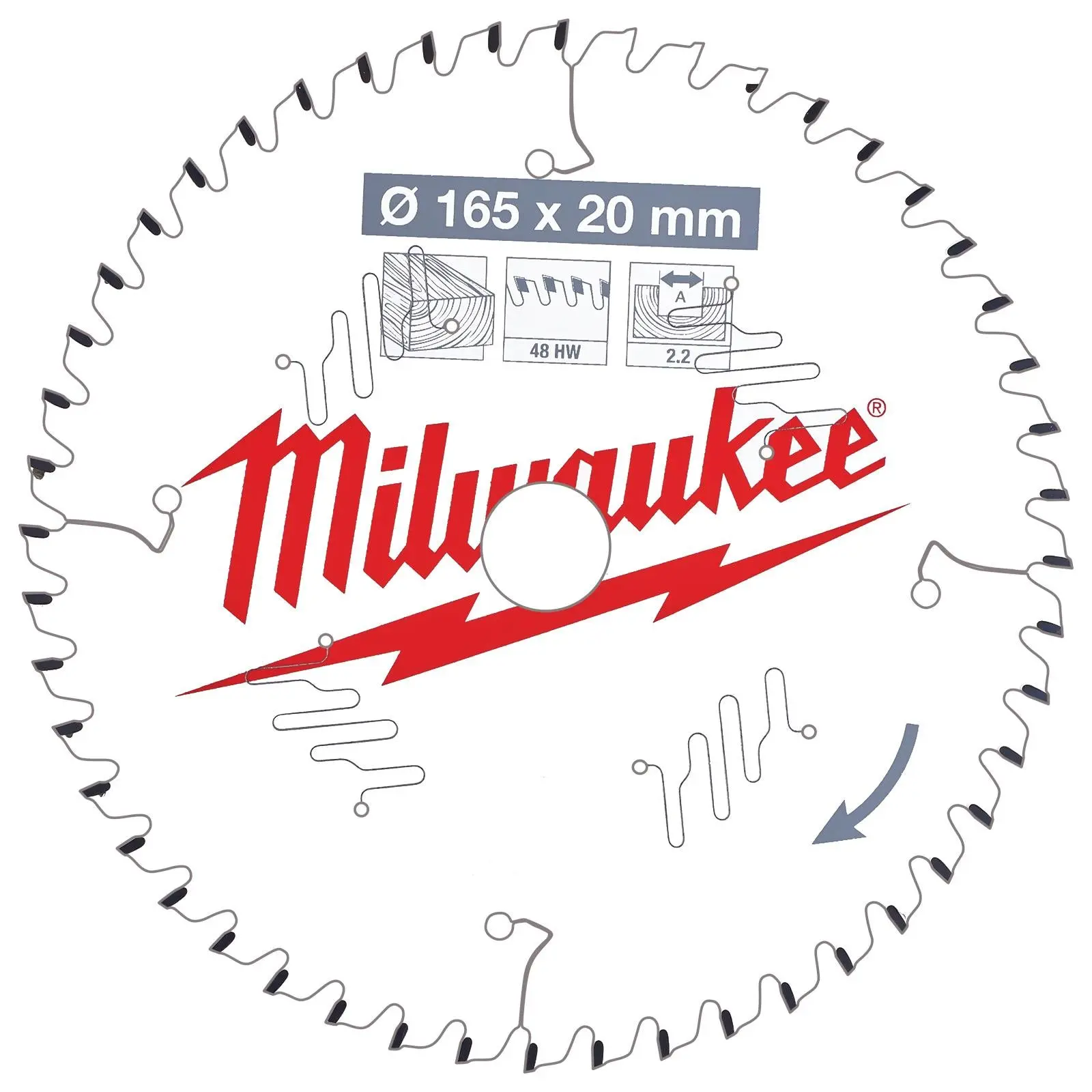 Milwaukee Circular Saw Blade for Wood Clean Cut 165mm x 20mm Bore x 2.2mm Width 48T ATB - Image 2