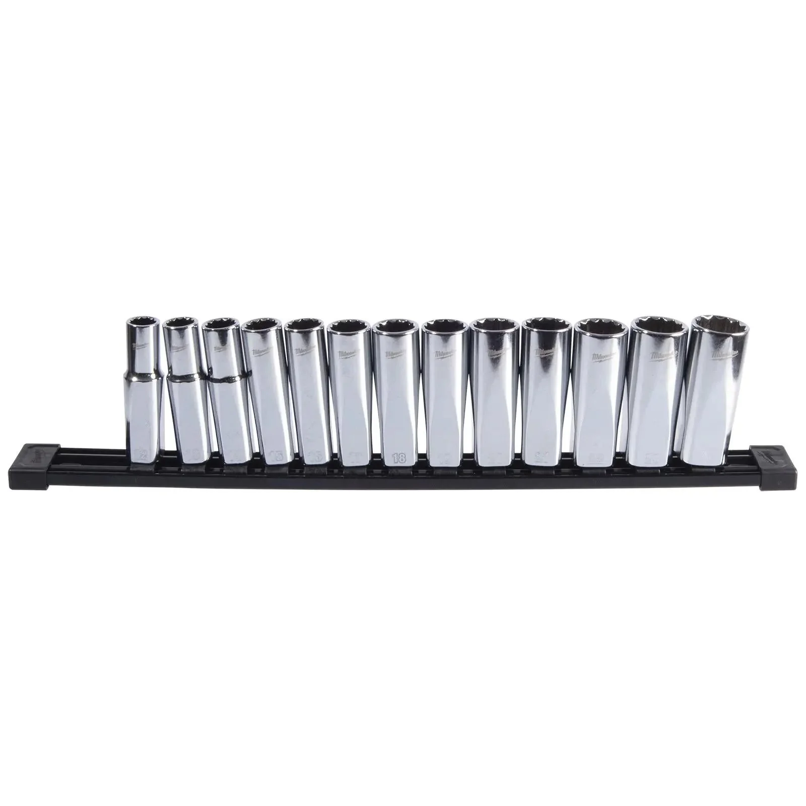 Milwaukee Deep Socket Set 12 Point 1/2" Drive 13 Piece on Socket Rail 12-24mm