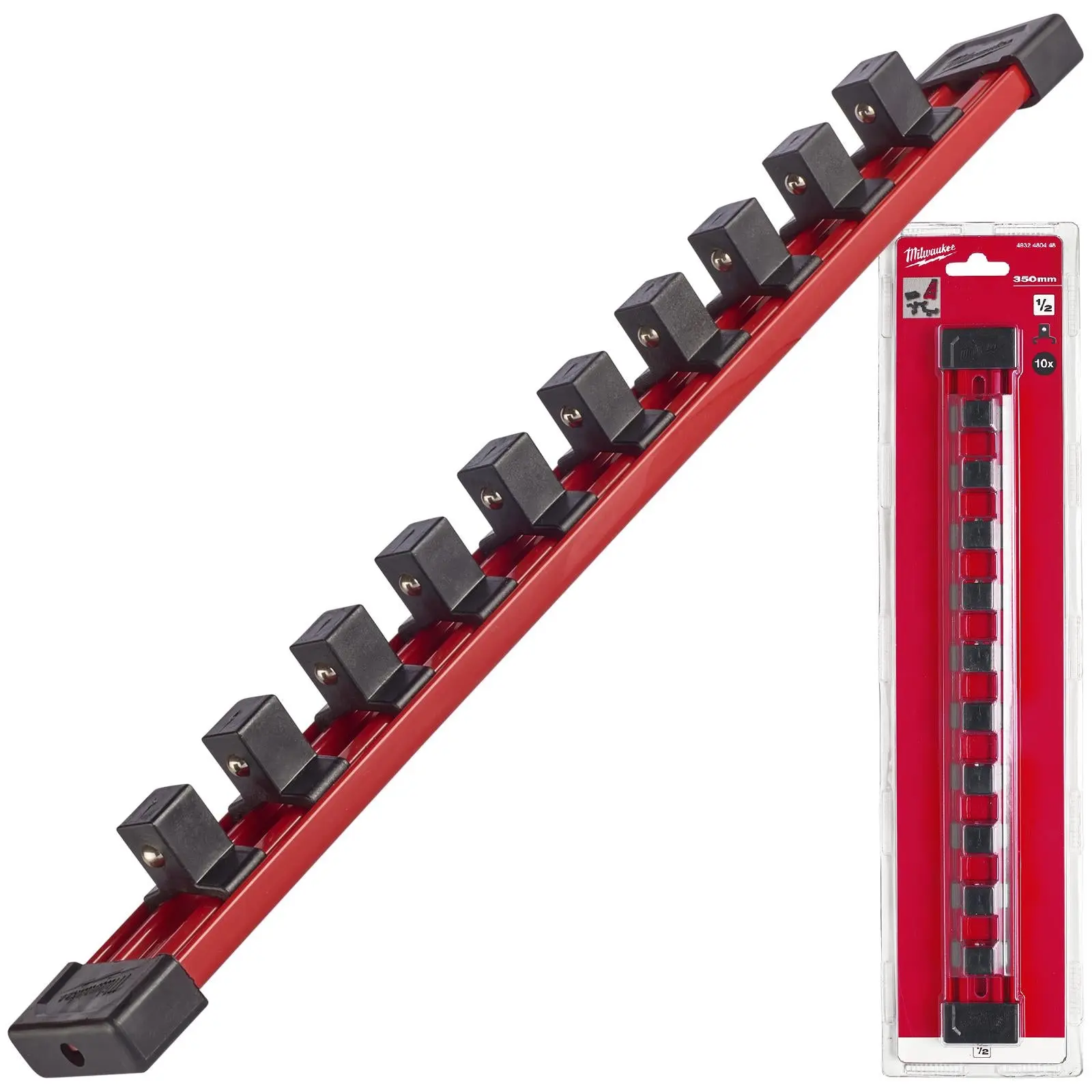 Milwaukee Impact Socket Rail 1/2" Drive 350mm with 10 Clips