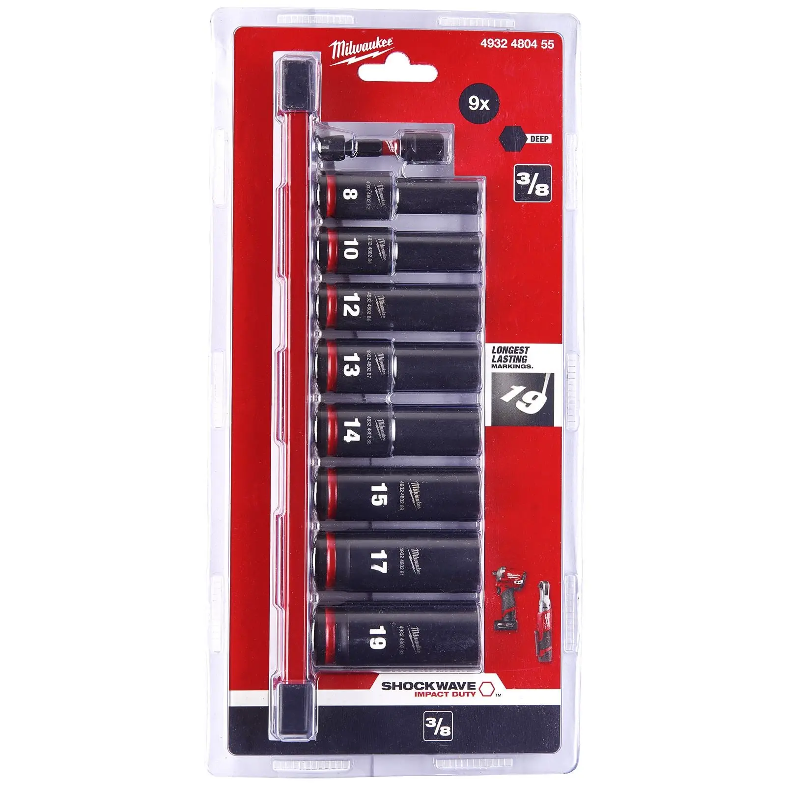 Milwaukee Impact Socket Set Deep on Socket Rail 3/8" Drive 9 Piece 8-19mm SHOCKWAVE - Image 3