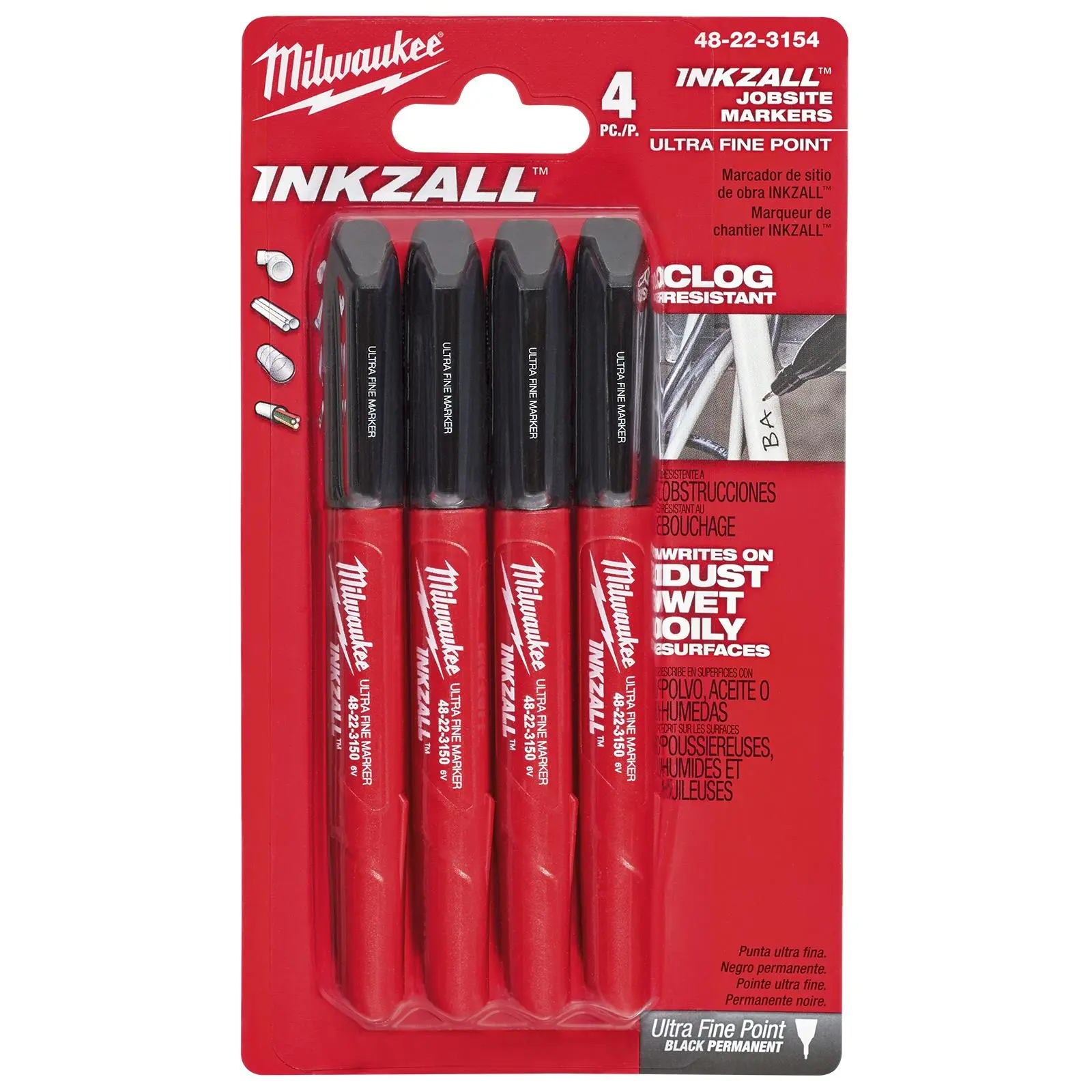 Milwaukee INKZALL Ultra Fine Tip Marker Pens 4 Pack Black 0.6mm Tip - Image 2