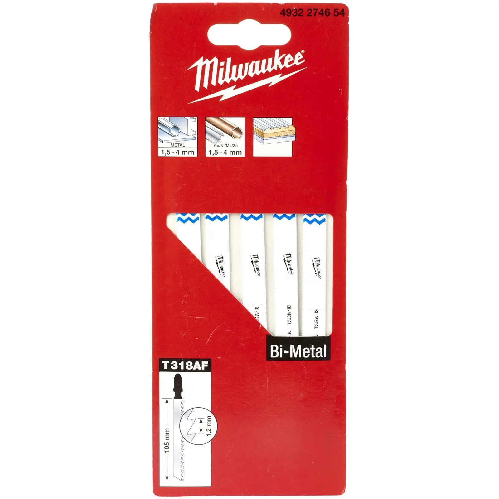 Milwaukee Jigsaw Blades Metal Universal Application Blade Bi-Metal 105mm x 1.2mm T318AF 5 Pieces