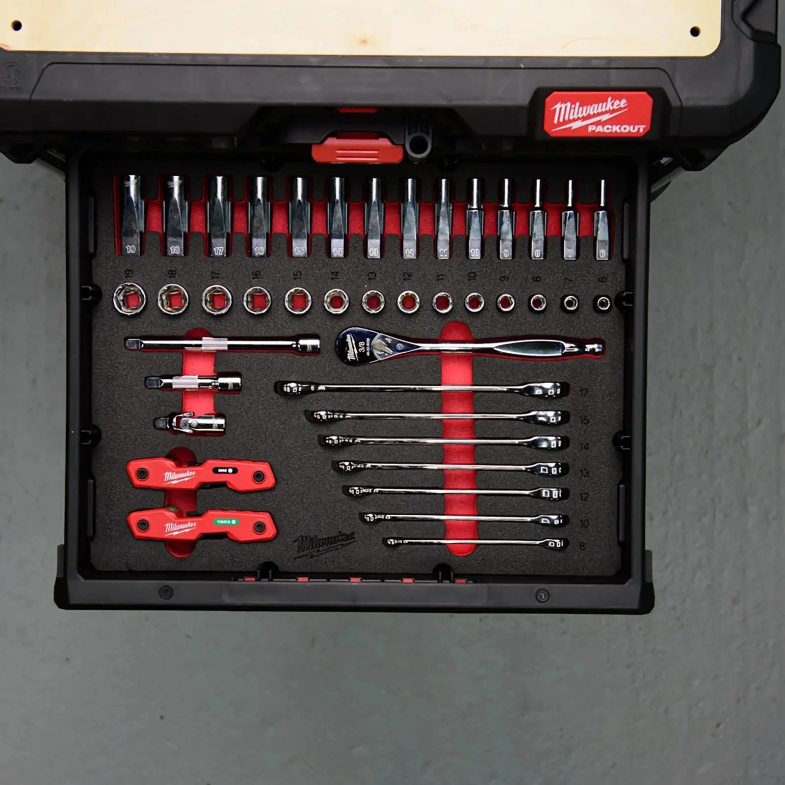 Milwaukee Packout Drawer 3/8" Drive Ratchet and Ratcheting Combi Spanner Foam Insert Set 55pc - Image 2