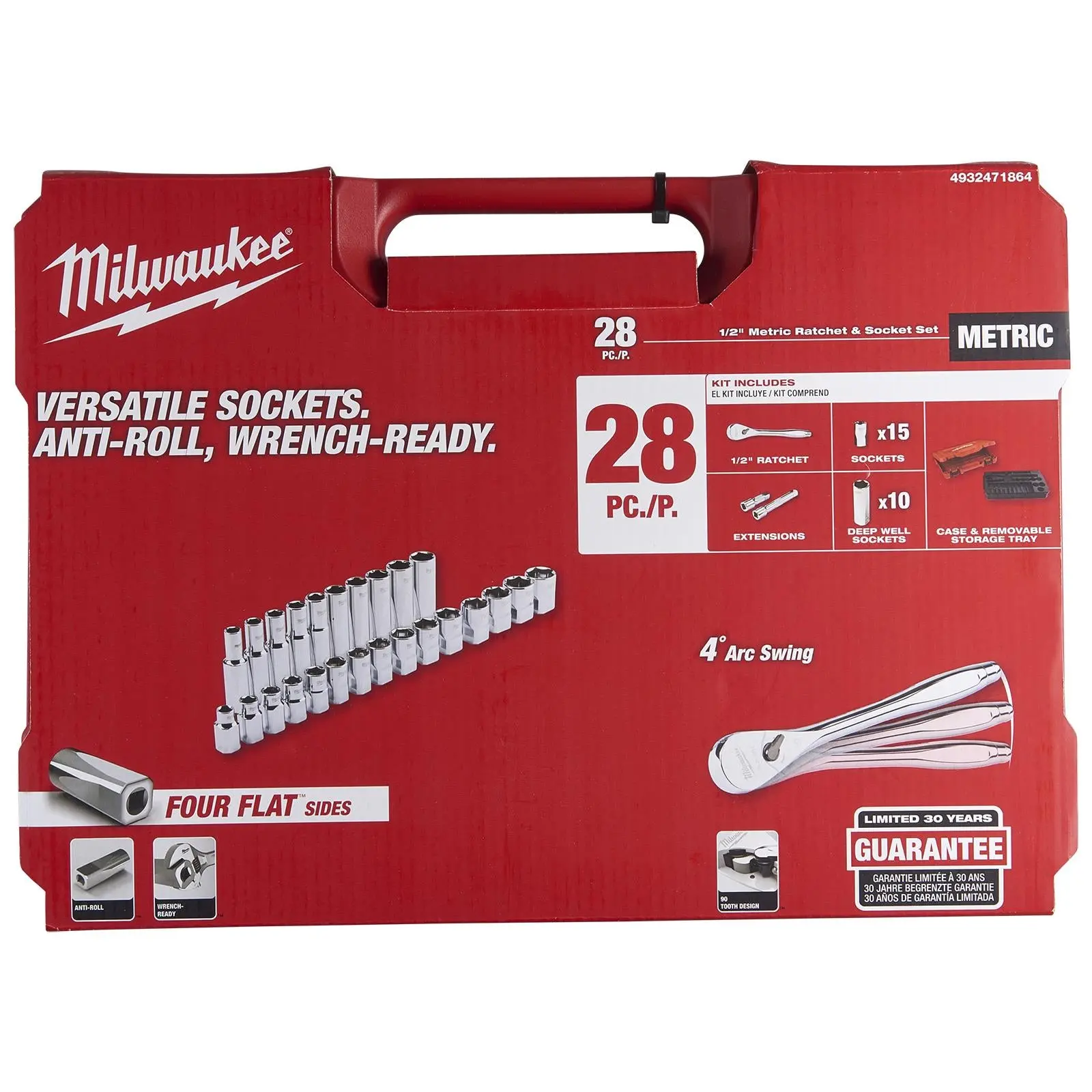 Milwaukee Ratchet and Socket Set 1/2" Drive 28 Piece 10-24mm 90 Tooth Ratchet - Image 4