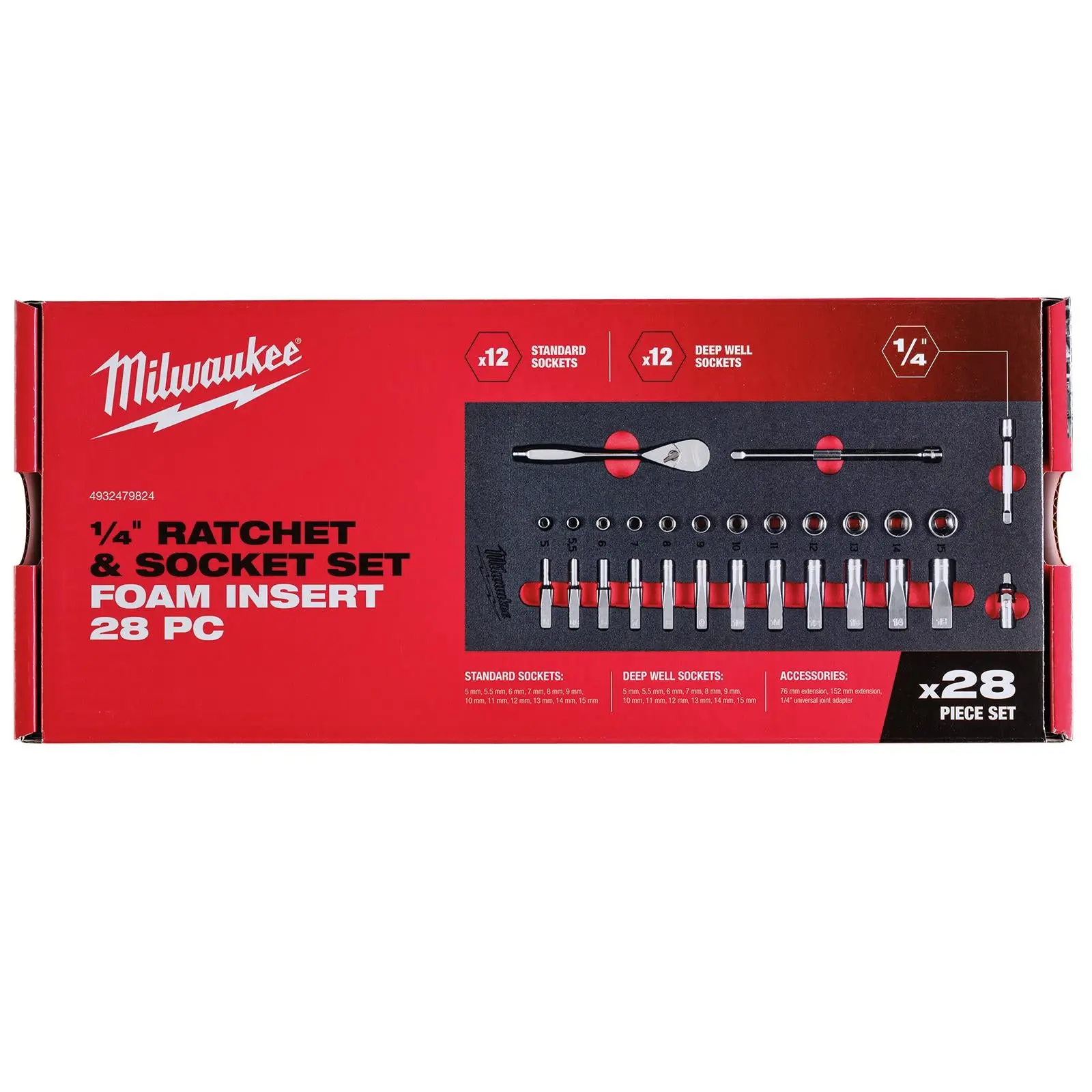 Milwaukee Ratchet and Socket Set 1/4" Drive Foam Insert Tray 28 Piece 5-15mm - Image 4