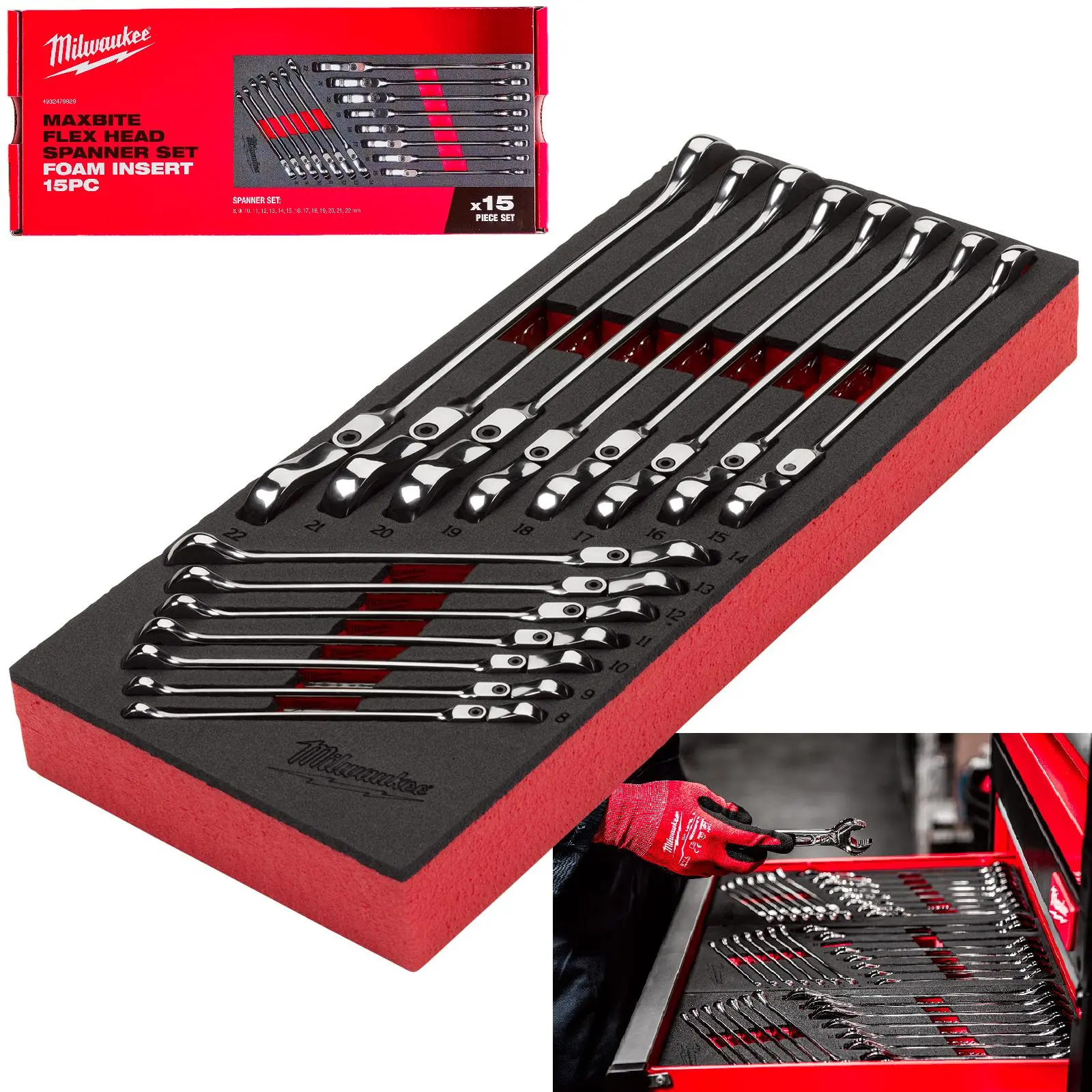 Milwaukee Ratchet Combination Spanner Set Flexi Head MAX BITE 15 Piece in Foam Insert