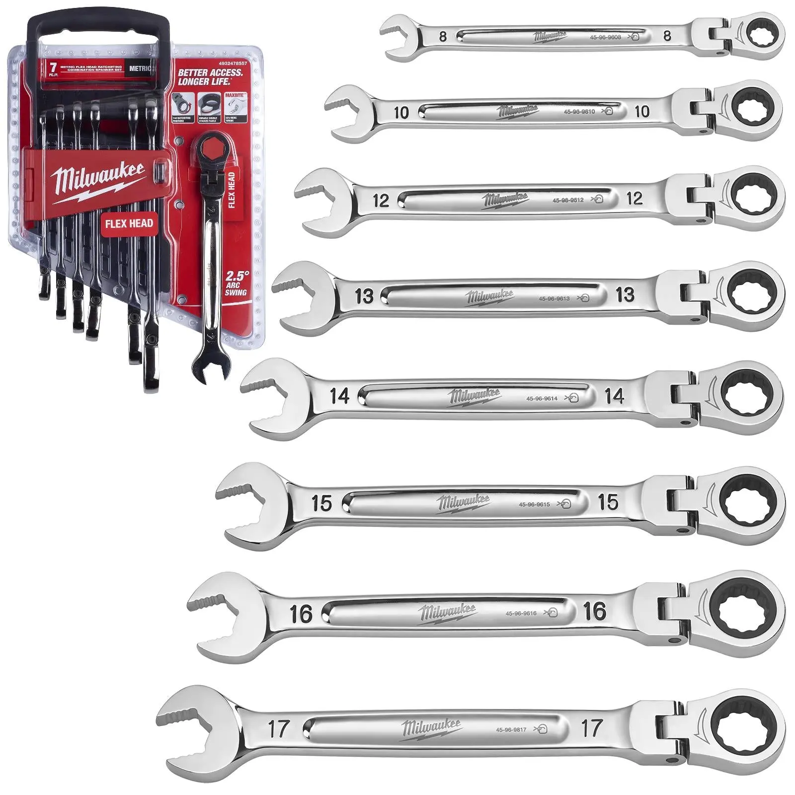 Milwaukee Ratchet Combination Spanner Set Flexi Head MAX BITE 7 Piece 8-17mm