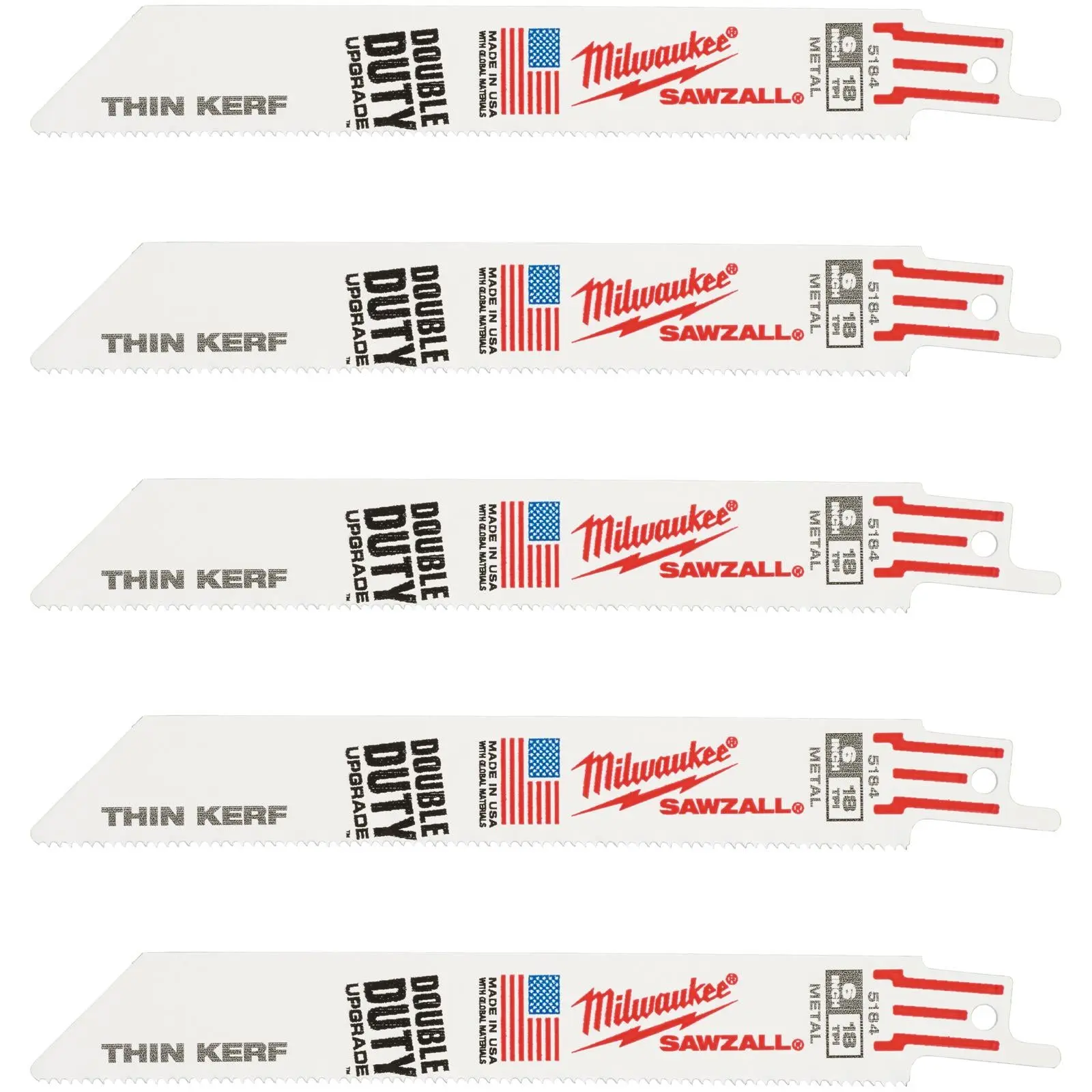Milwaukee SAWZALL Metal Thin Kerf Reciprocating Saw Blades 150mm 18 TPI 5 Piece