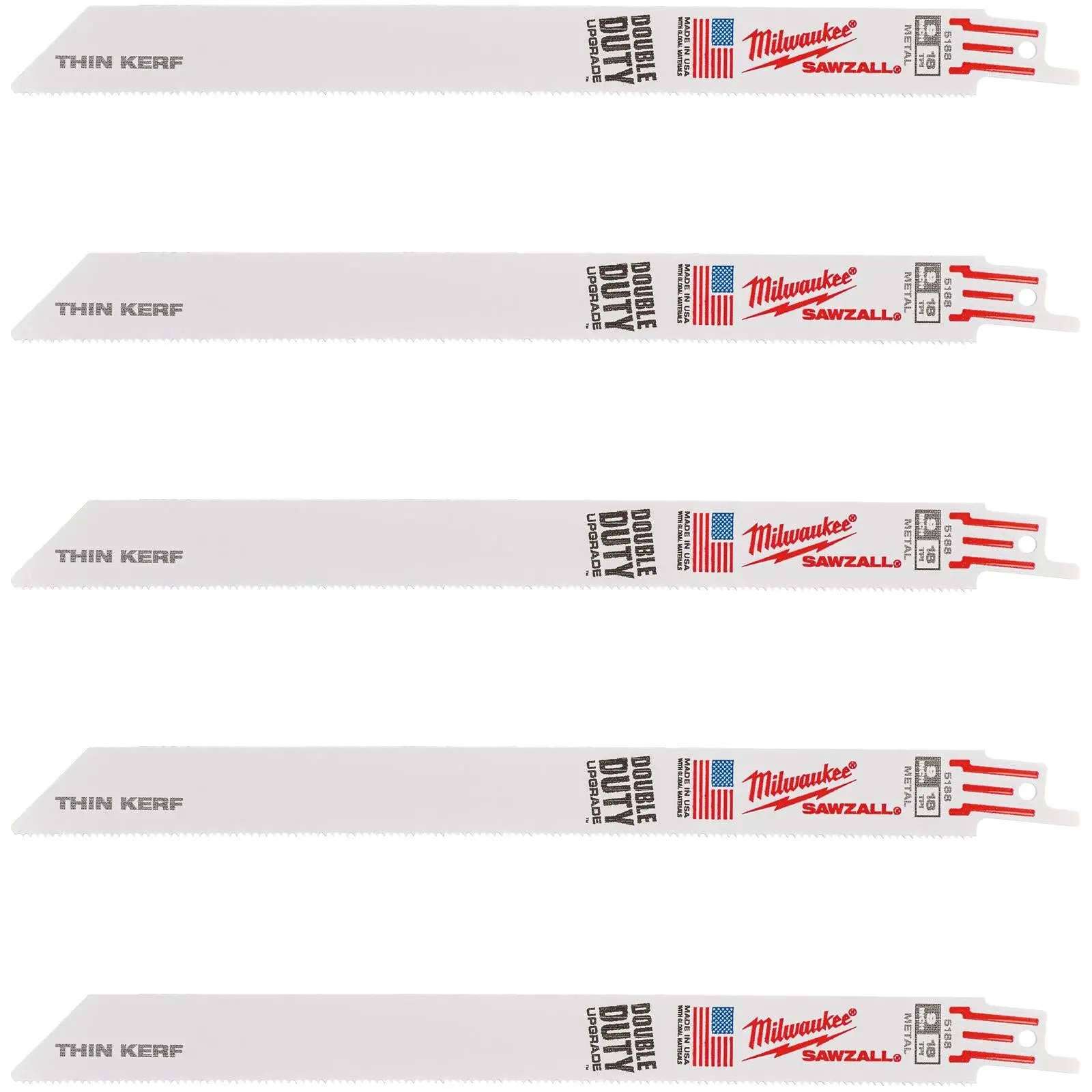 Milwaukee SAWZALL Metal Thin Kerf Reciprocating Saw Blades 230mm 18 TPI 5 Piece