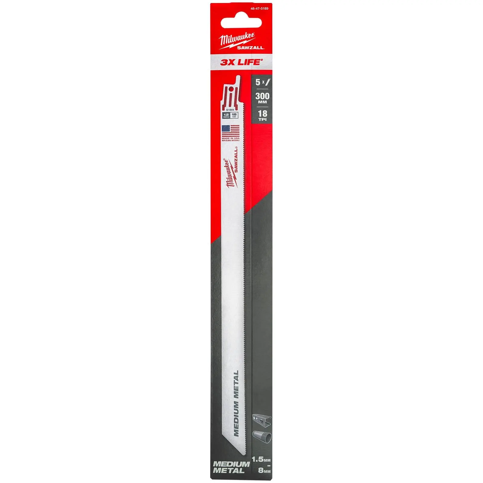 Milwaukee SAWZALL Metal Thin Kerf Reciprocating Saw Blades 300mm 18 TPI 5 Piece