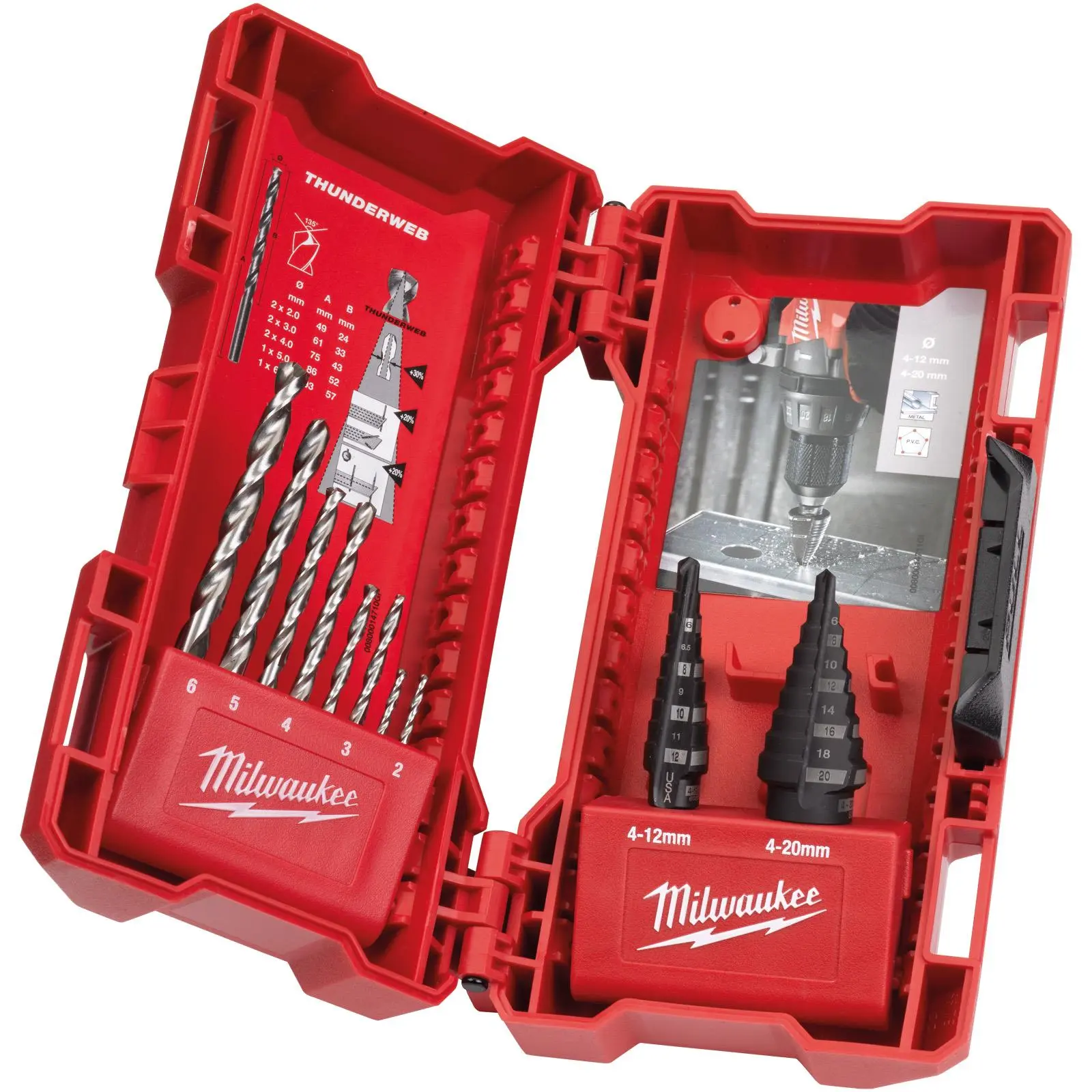 Milwaukee Step Drill and Thunderweb Metal Drill Bit Combo Set 10 Pieces