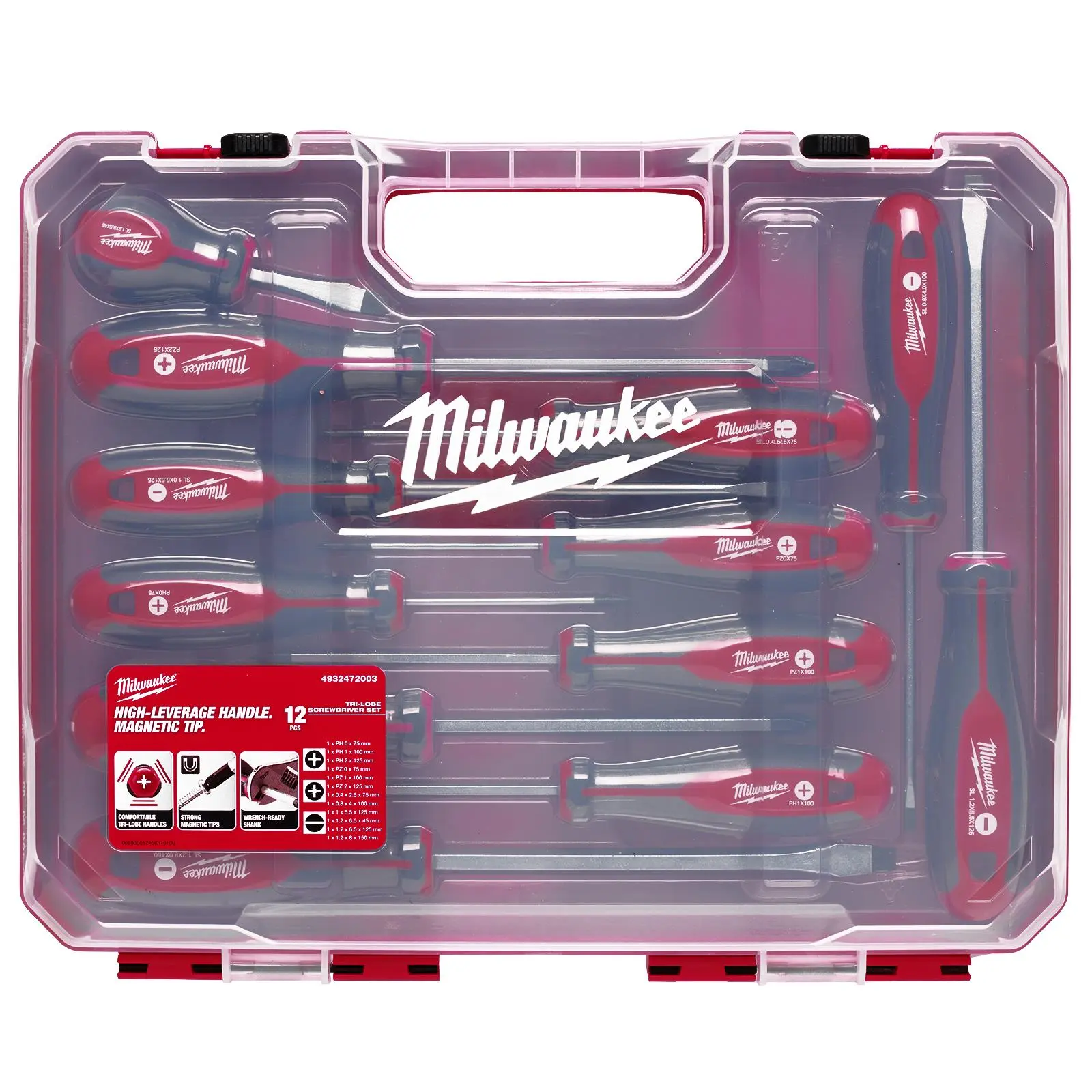 Milwaukee Tri-Lobe Screwdriver Set 12 Piece in Case Pozi Phillips Slotted - Image 3