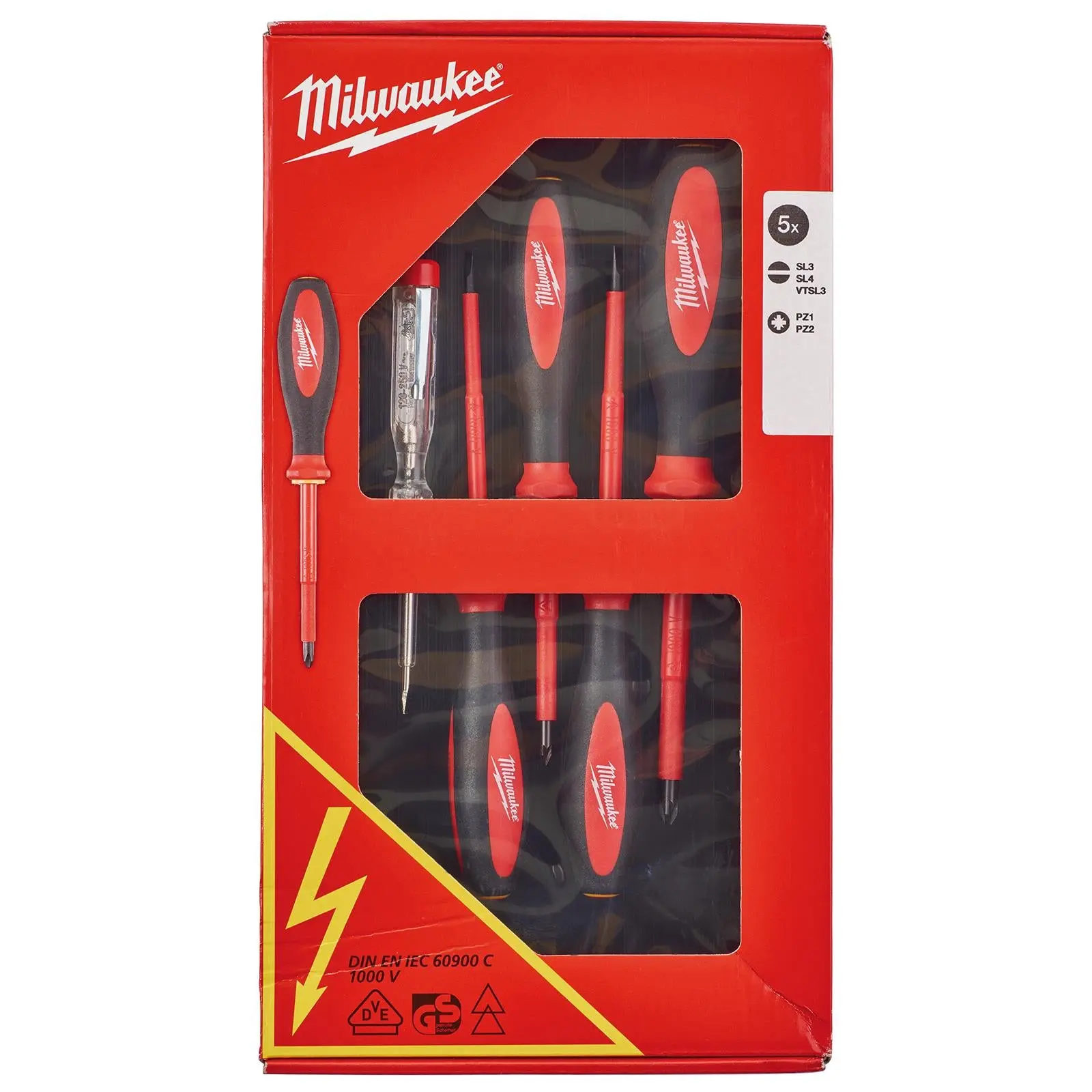 Milwaukee VDE Screwdriver Set 5 Piece Slotted Pozi Voltage Tester - Image 2
