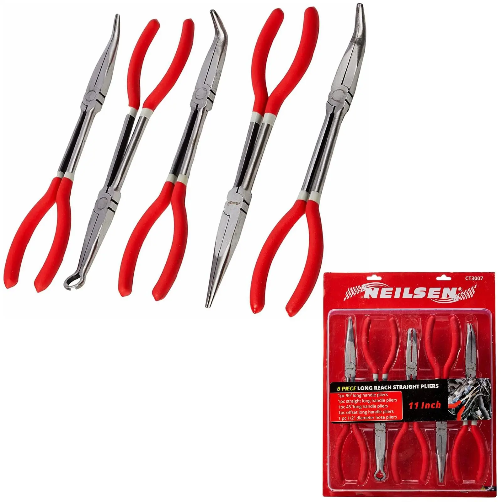 Neilsen Pliers Set Long Reach Straight Bent Nose Hose Garage Mechanic 5pc 11