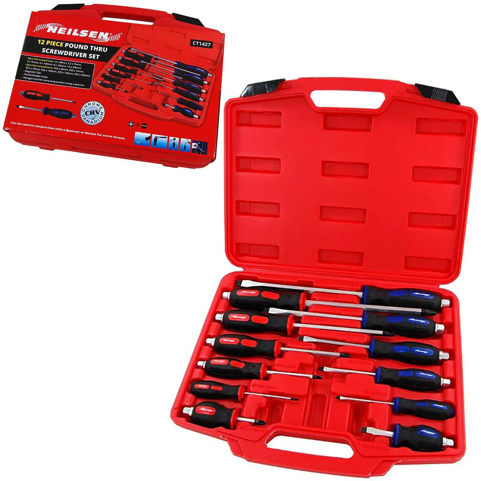 Neilsen Screwdriver Set Hammer Through Demolition Slotted Pozi Magnetic Tip 12pc