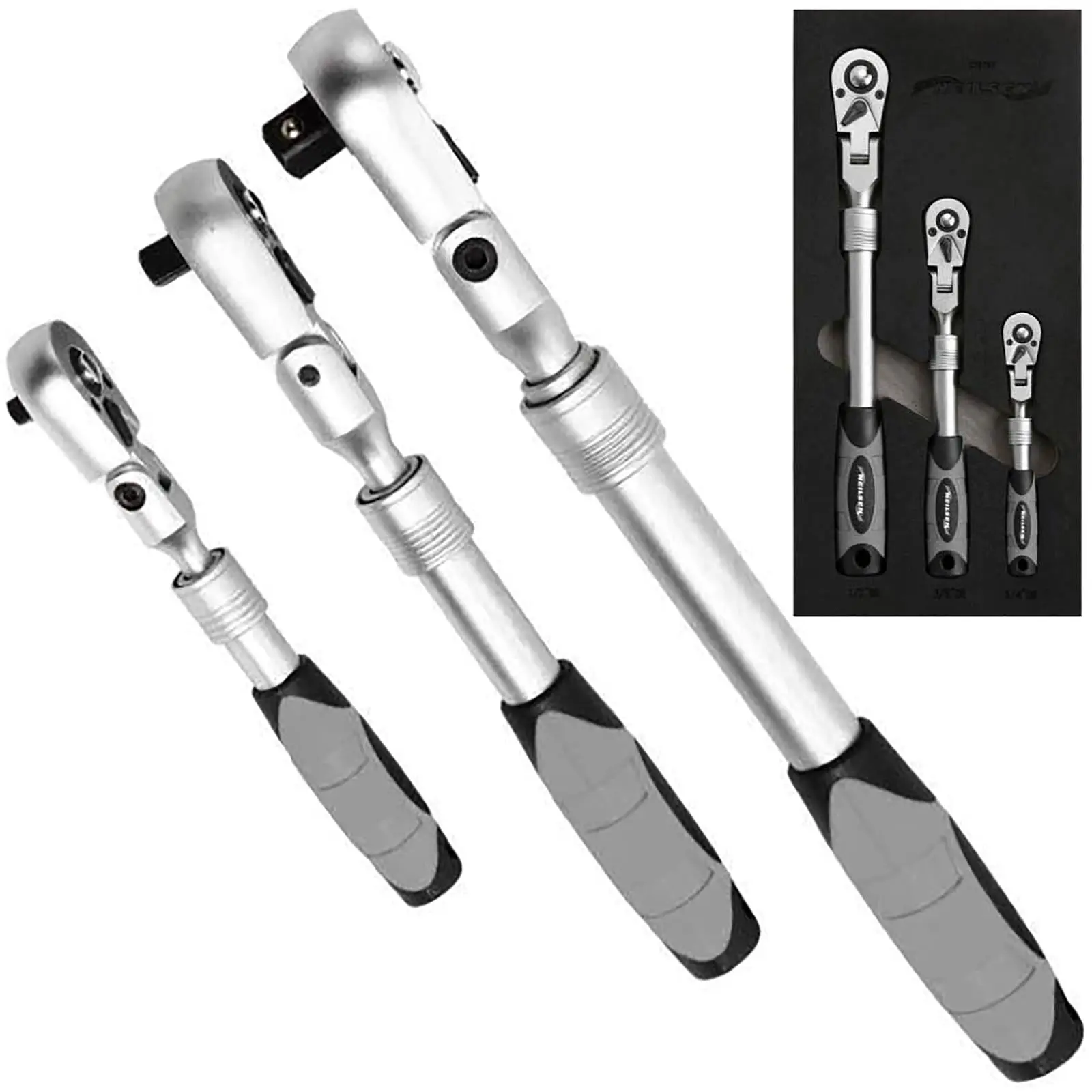 Neilsen Telescopic Ratchet Handle Set Flexible Head Extendable 1/4" 3/8" 1/2" Drive