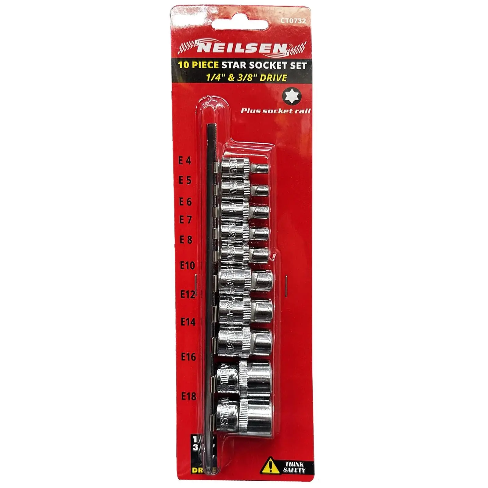 Neilsen Torx Star Socket Set Female External Socket Rail 1/4" 3/8" Drive E4-E16 10 Pieces - Image 2