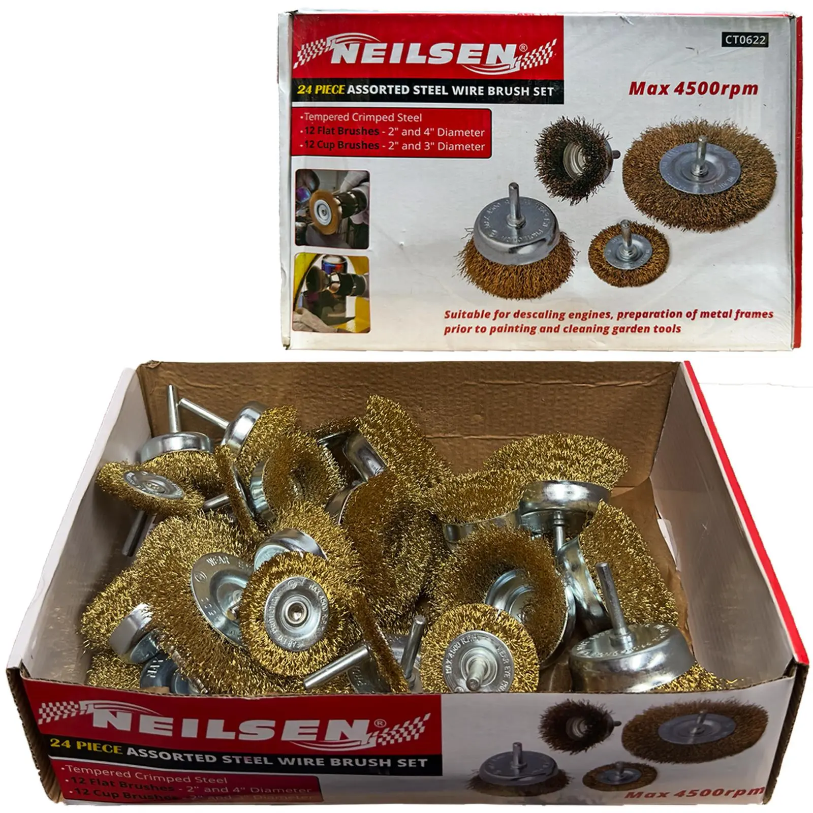 Neilsen Wire Brush Set Crimped Steel Flat Cup Drill Rust Paint Descaler 24pc