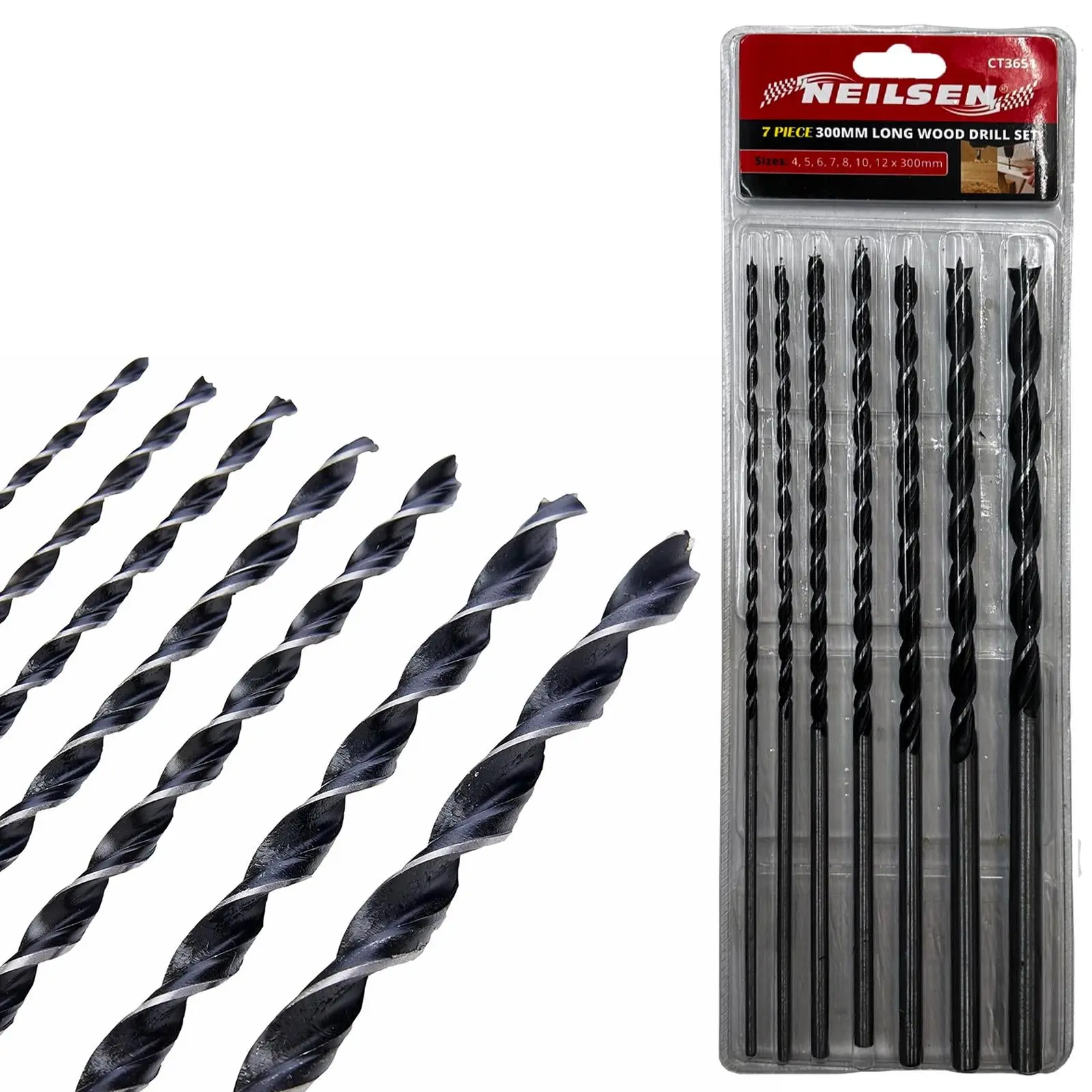 Neilsen Wood Auger Drill Bit Set 300mm Extra Long Spiral Woodwork 4-12mm 7pc