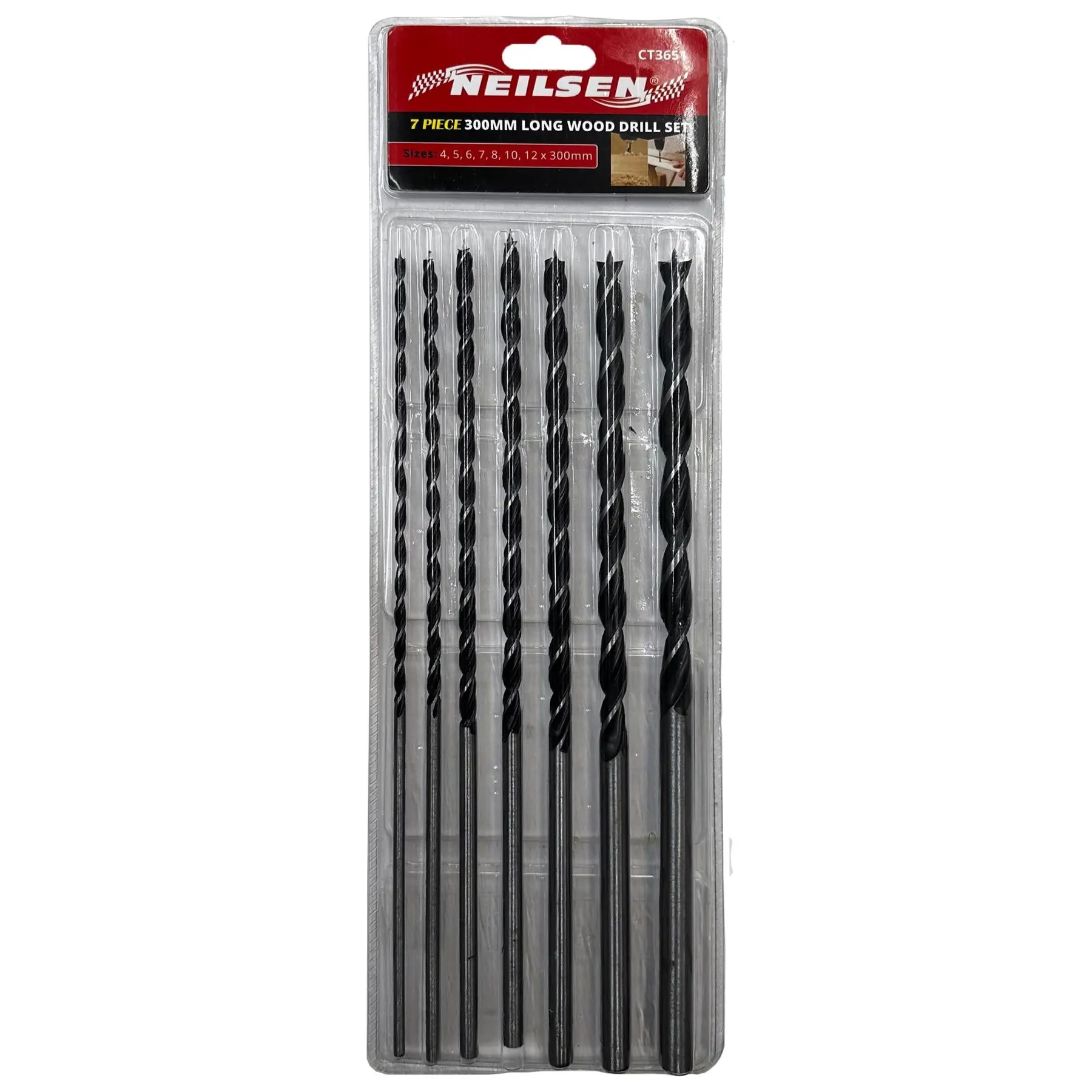 Neilsen Wood Auger Drill Bit Set 300mm Extra Long Spiral Woodwork 4-12mm 7pc - Image 2