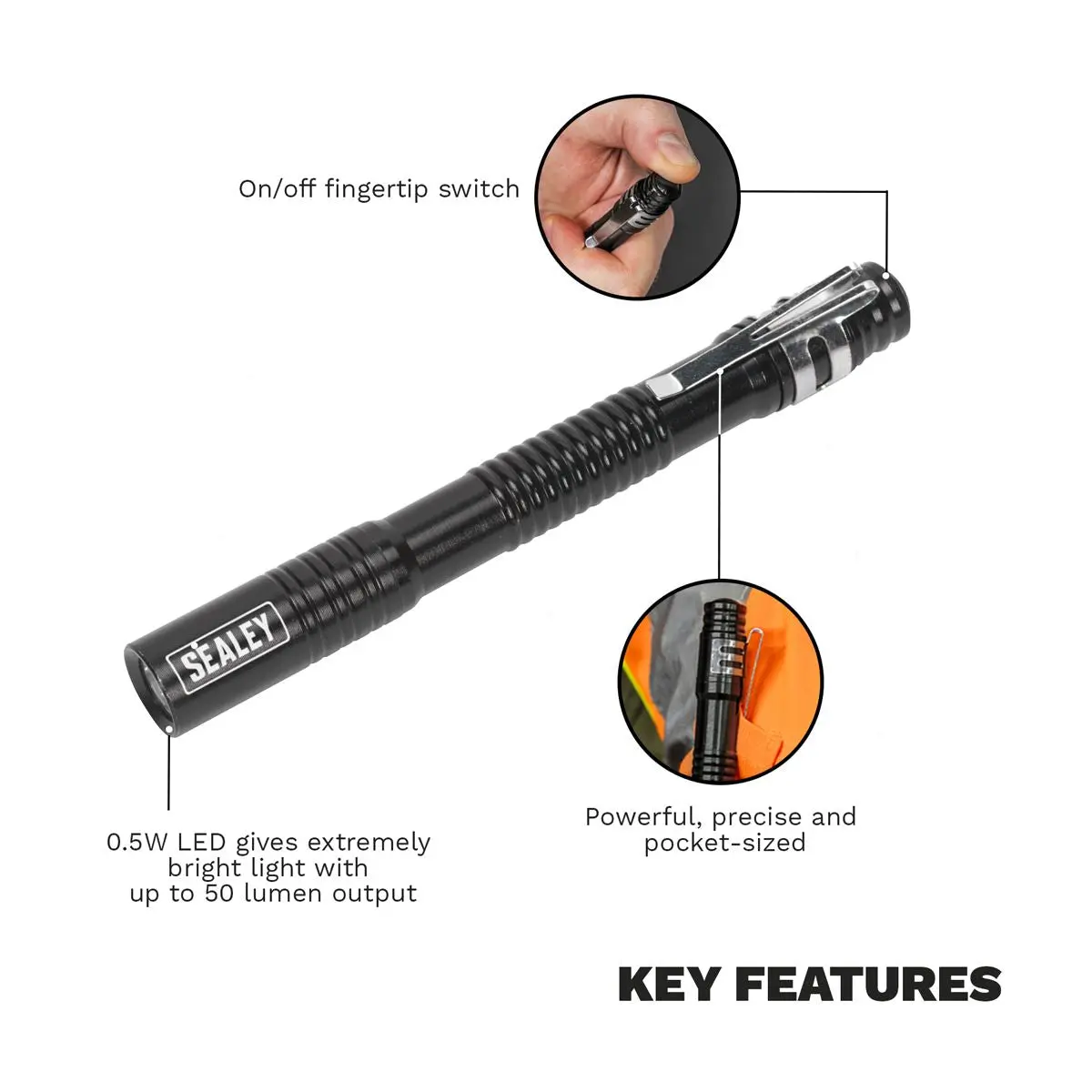 Sealey 0.5w LED Aluminium Pen Light Powerful Pocket-Sized Bright 50 Lumens - Image 2