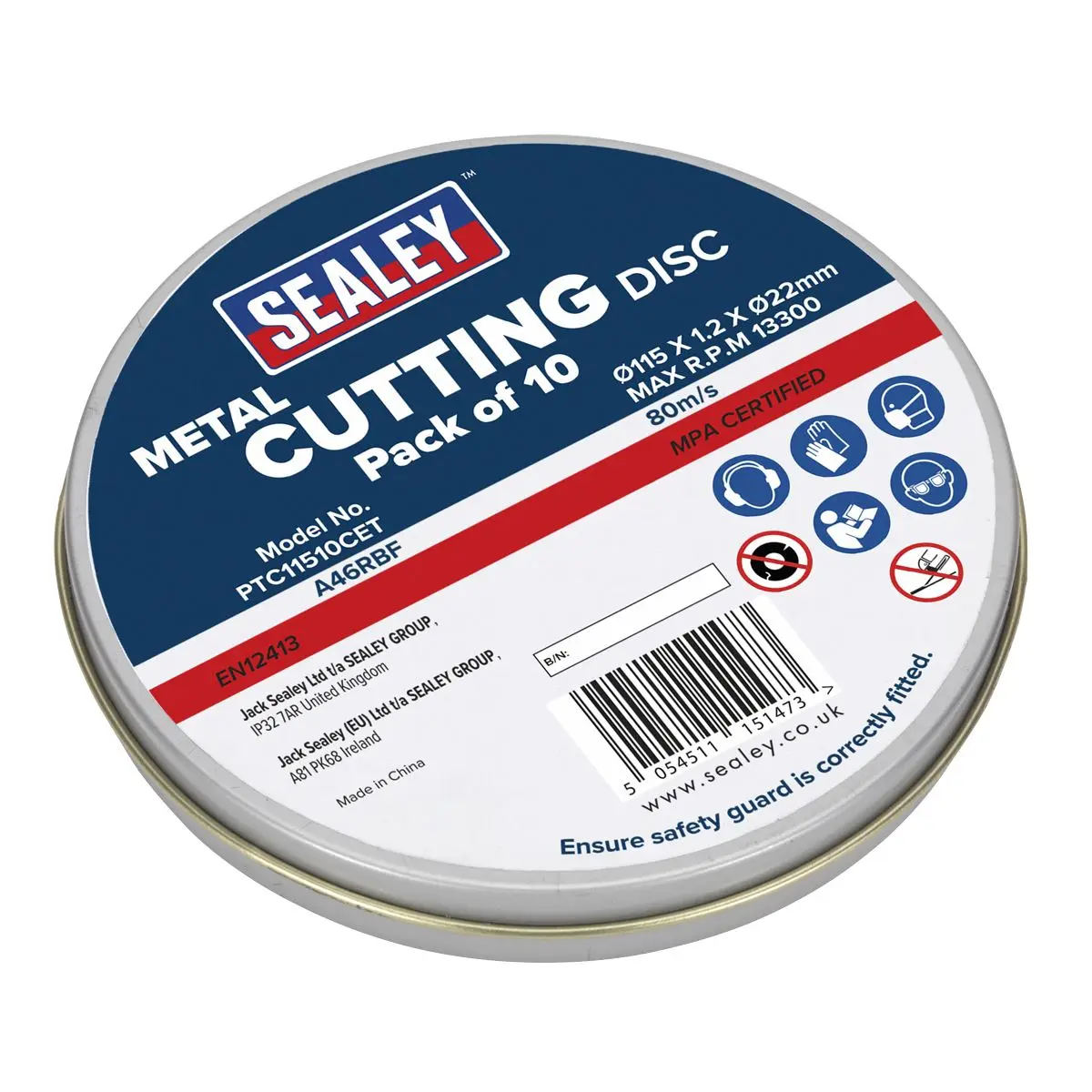 Sealey 10 Pack 115 x 1.2mm Stainless Steel Metal Cutting Discs in Tin Slitting Tinned