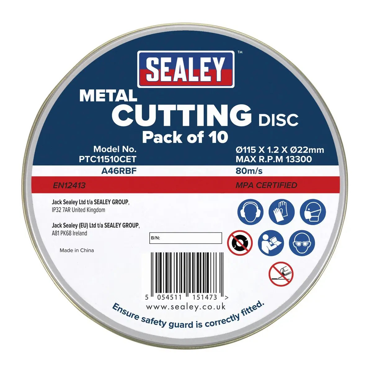 Sealey 10 Pack 115 x 1.2mm Stainless Steel Metal Cutting Discs in Tin Slitting Tinned - Image 2